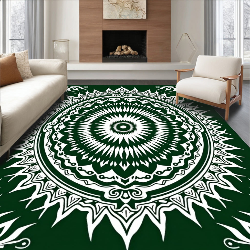 Deep Emerald White Floral Sunburst Mandala Rug