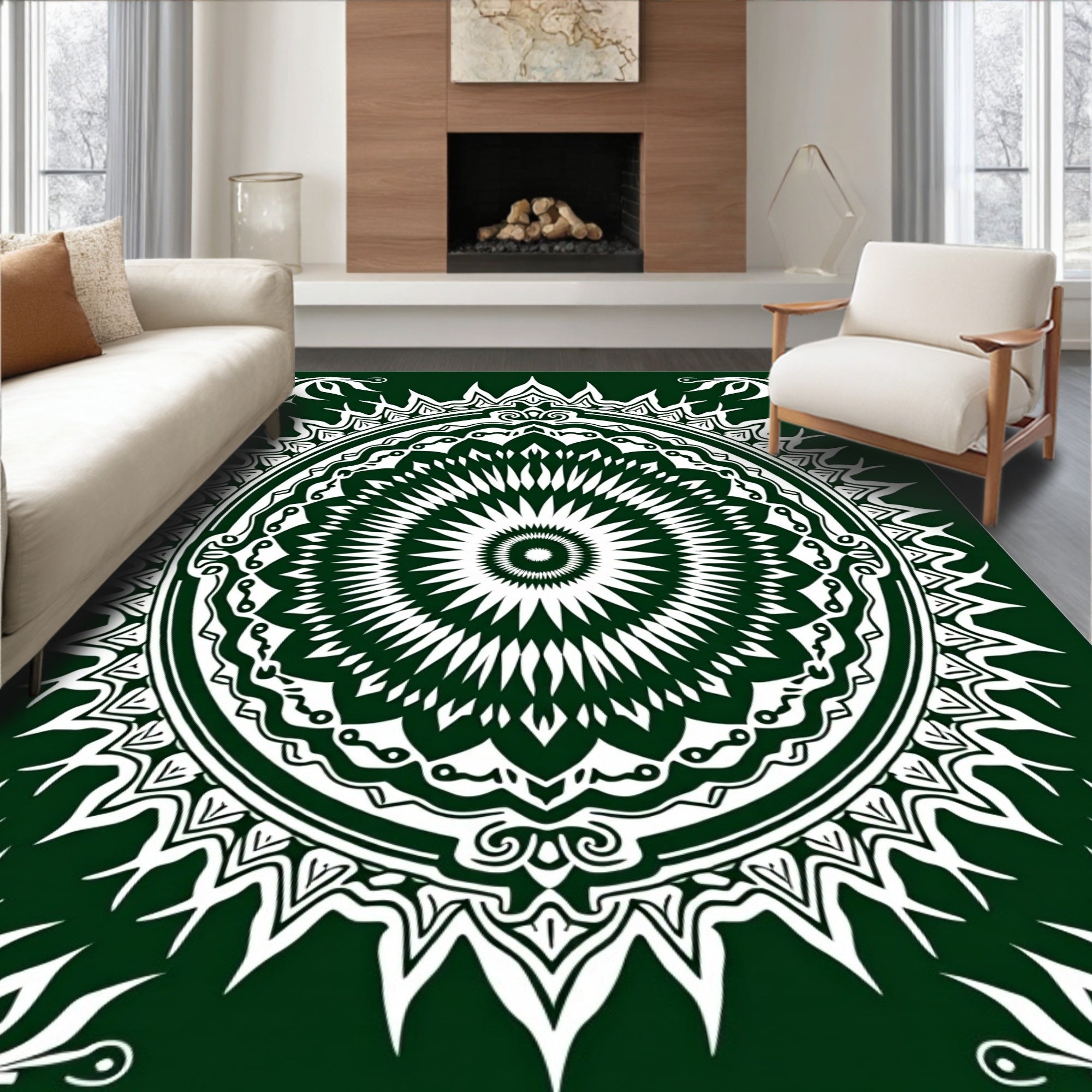 Deep Emerald White Floral Sunburst Mandala Rug