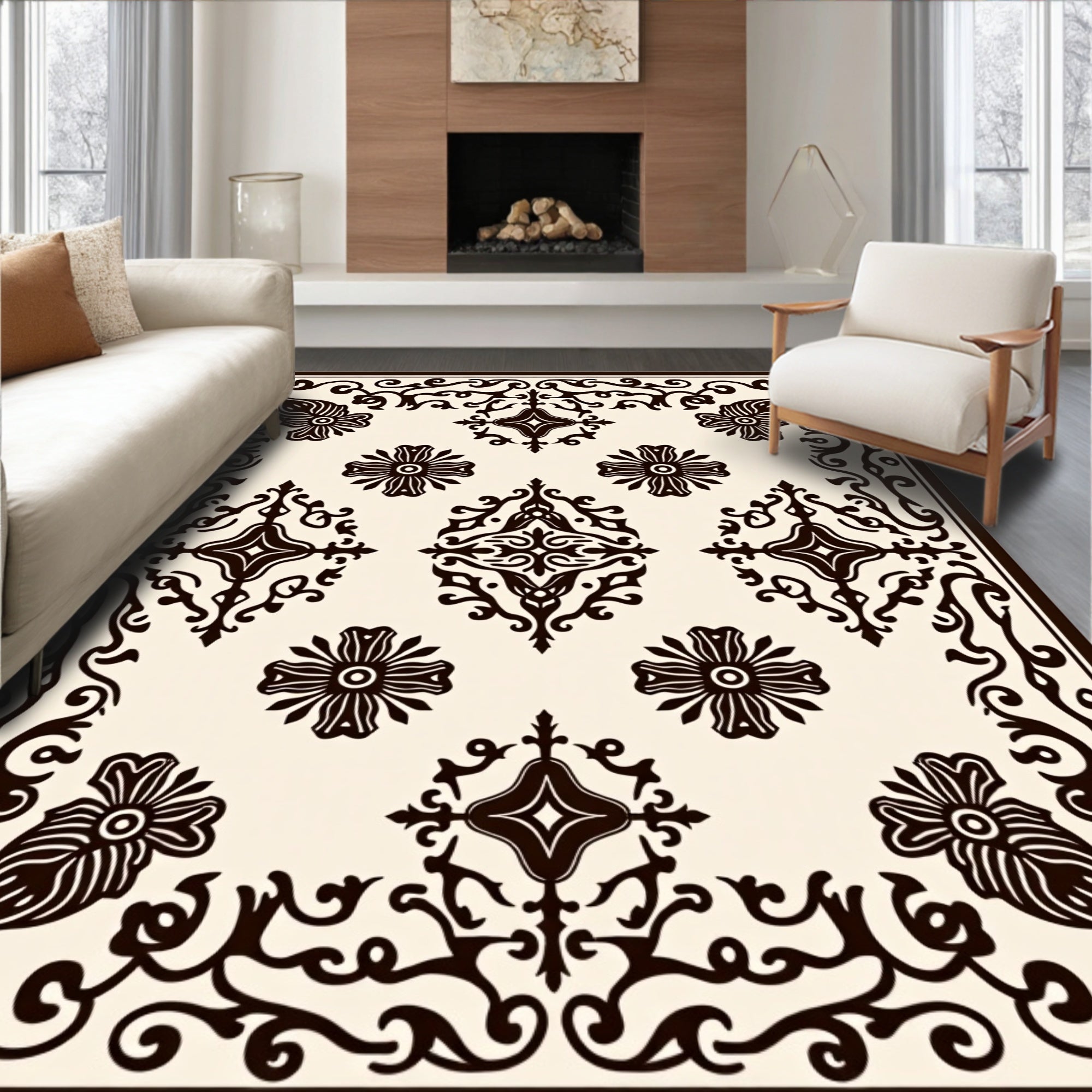 Dark Sepia Floral Medallion Scrollwork Rug