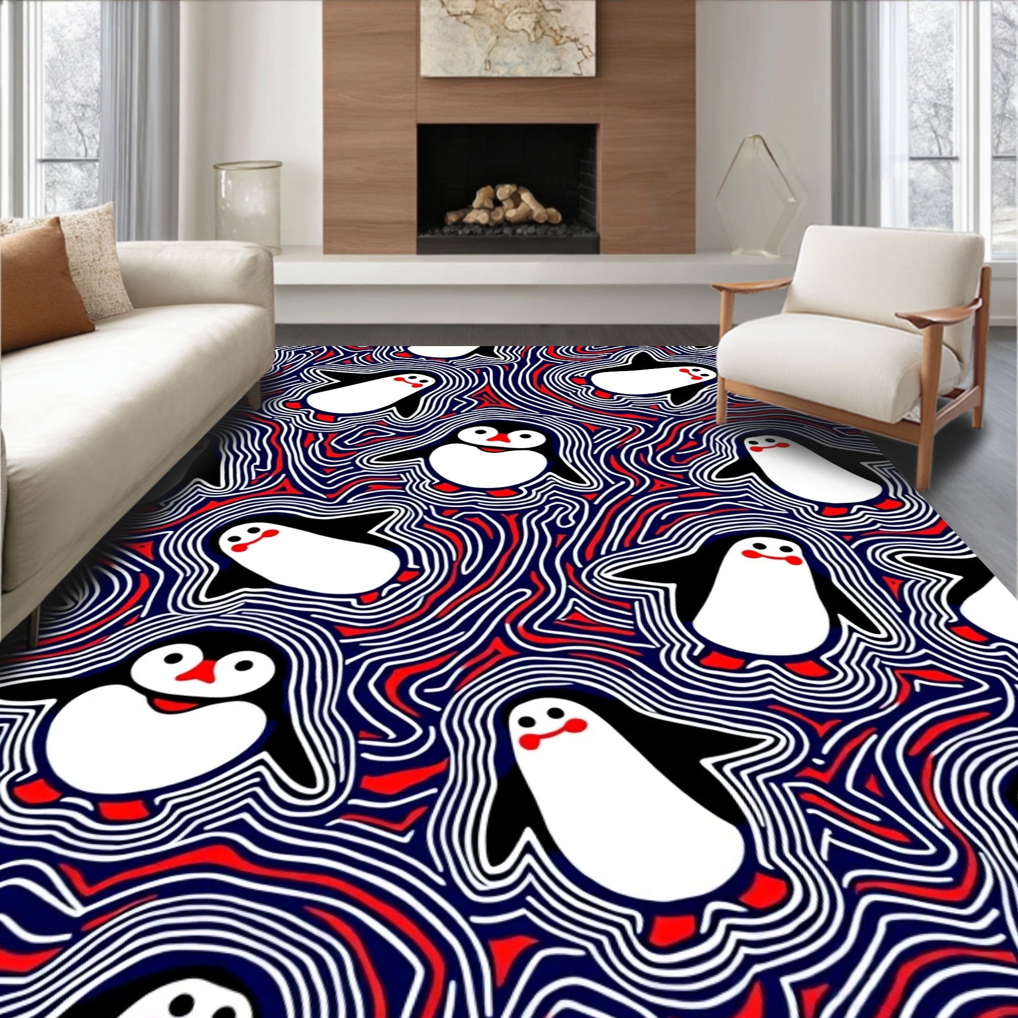 Playful Penguin Abstract Wave Rug