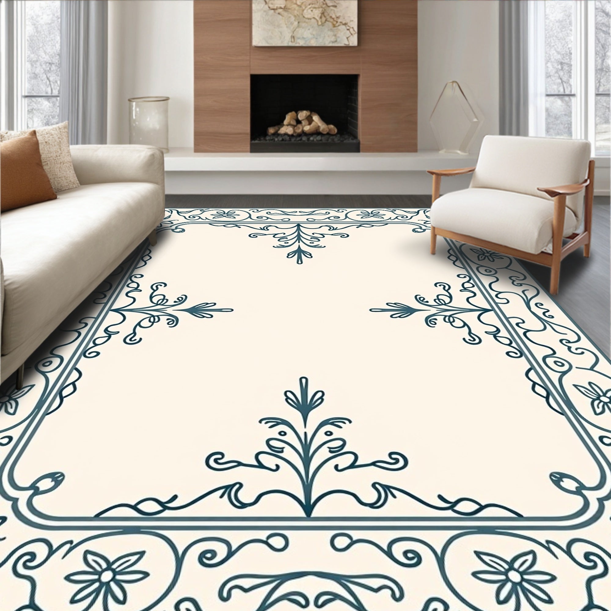 Teal Floral Archival Border Rug