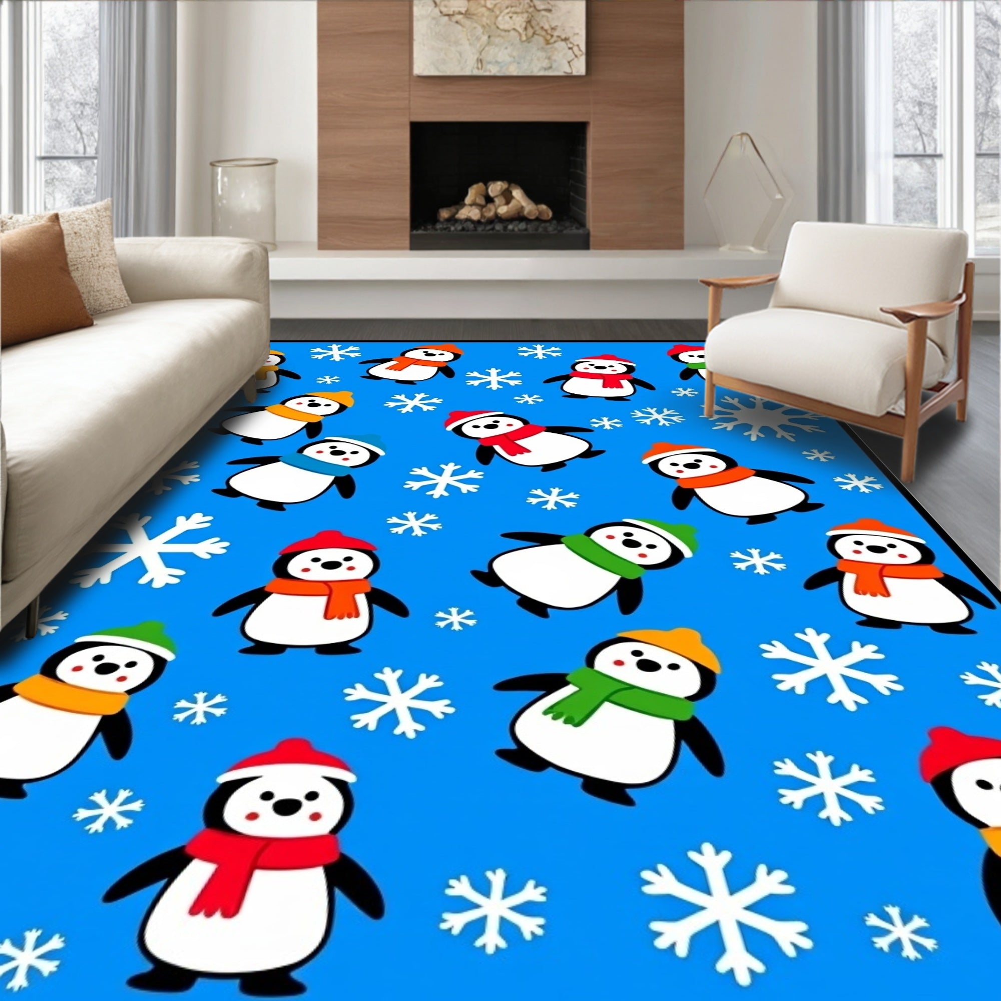 Whimsical Penguin Snowflakes Blue Rug