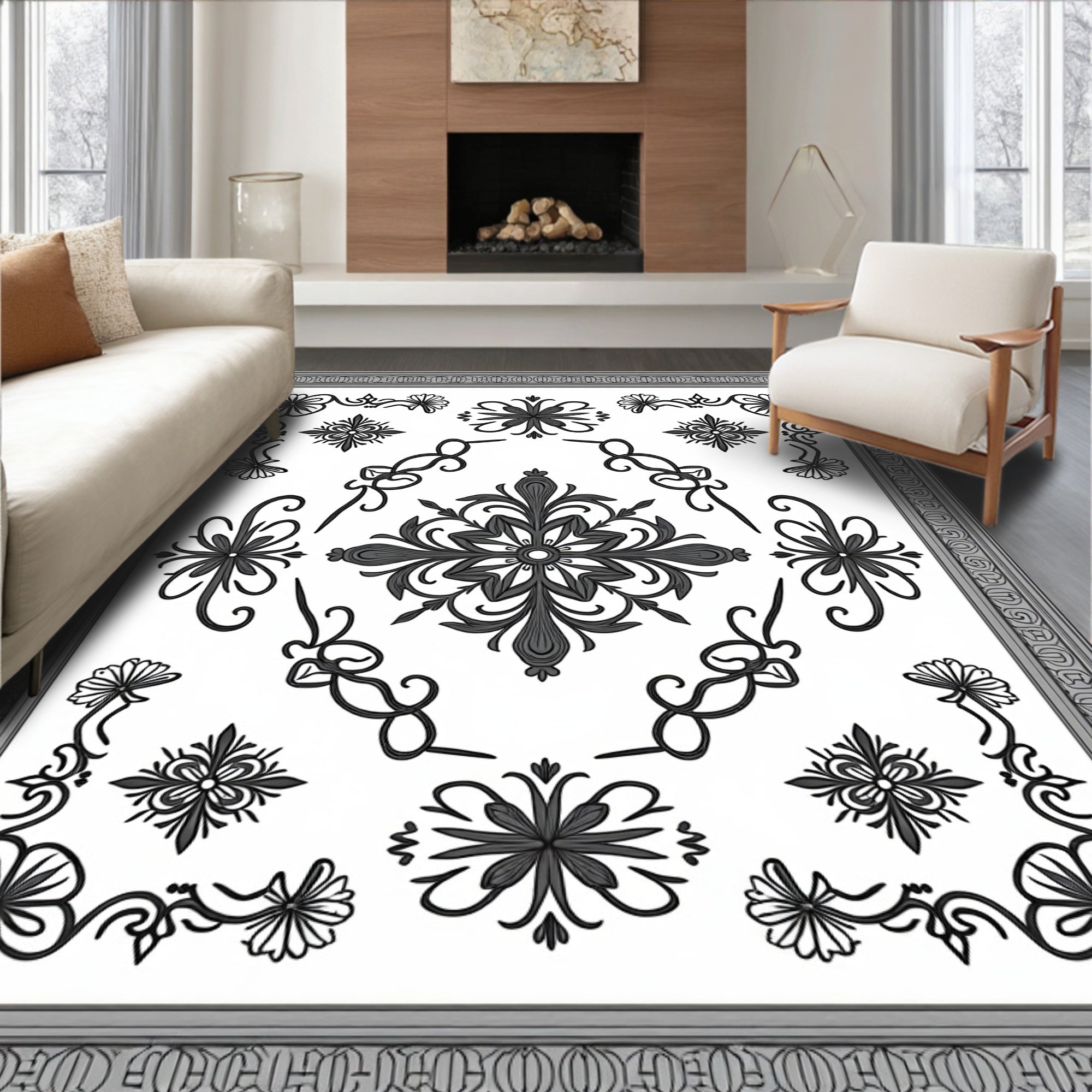 Monochromatic Floral Scroll Ornament Frame Rug
