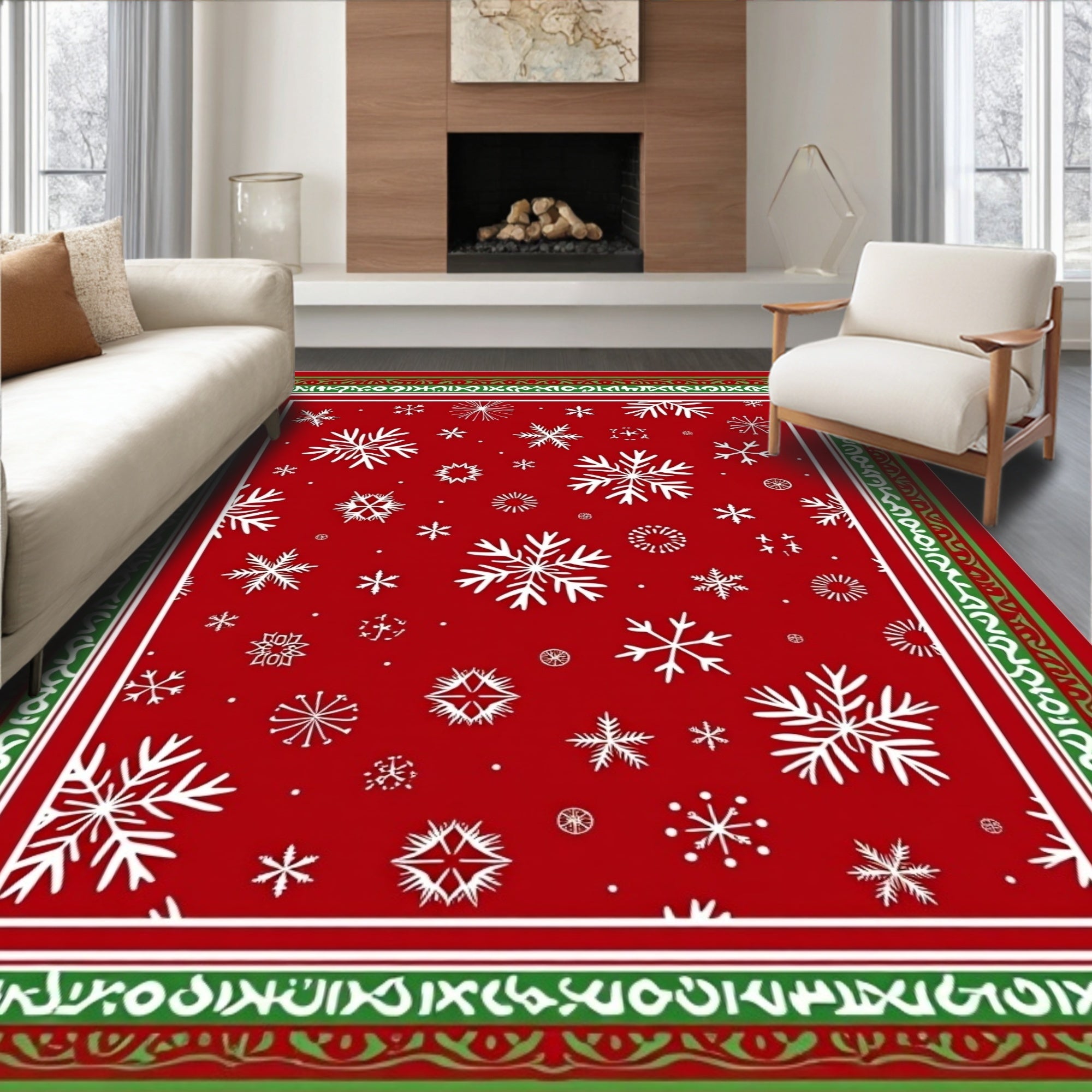 Festive Red White Snowflake Border Rug