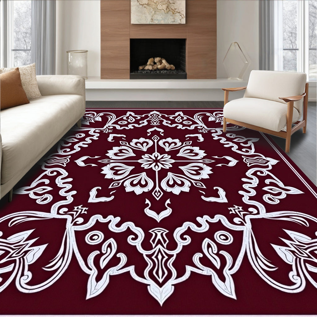 Crimson White Vintage Floral Scroll Rug
