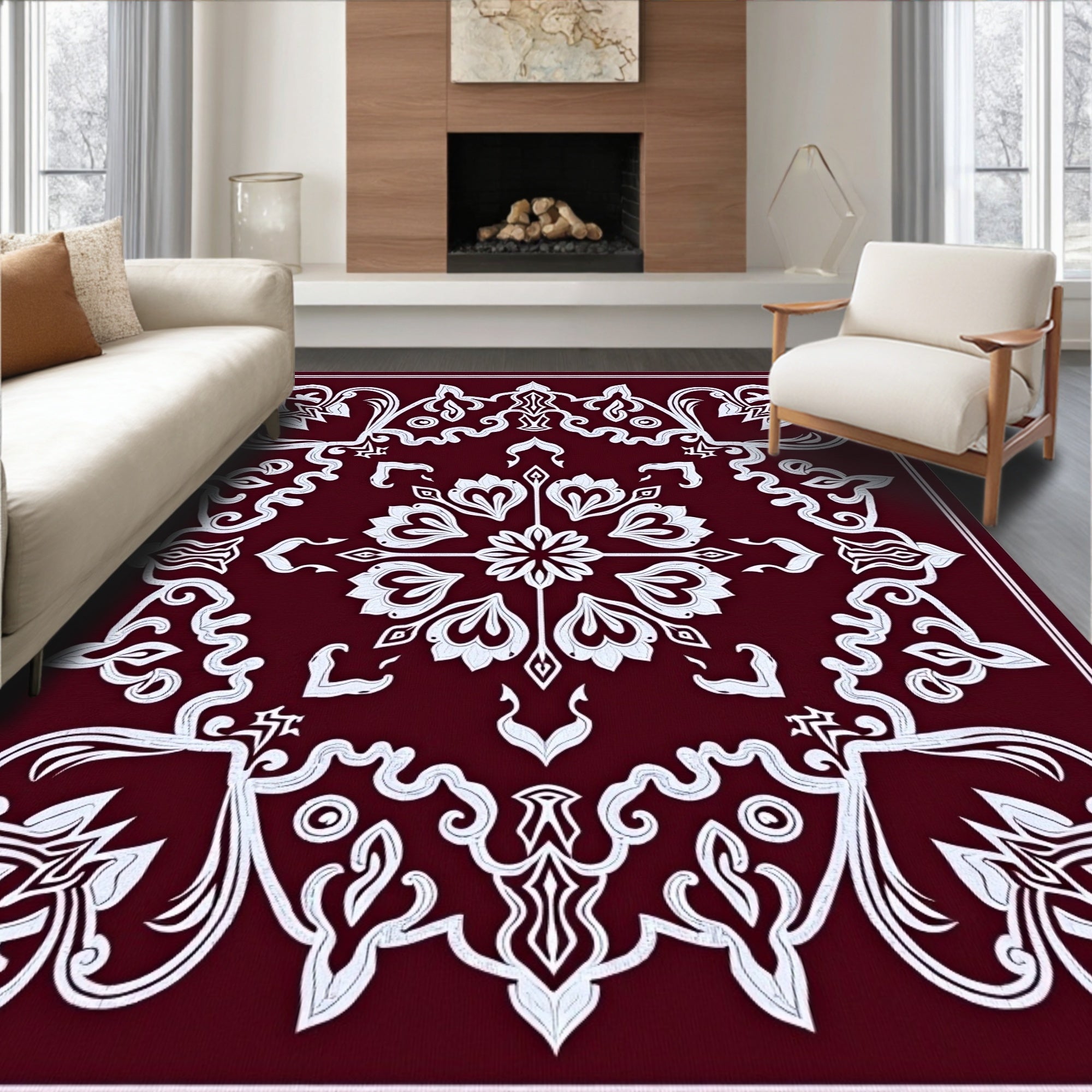 Crimson White Vintage Floral Scroll Rug