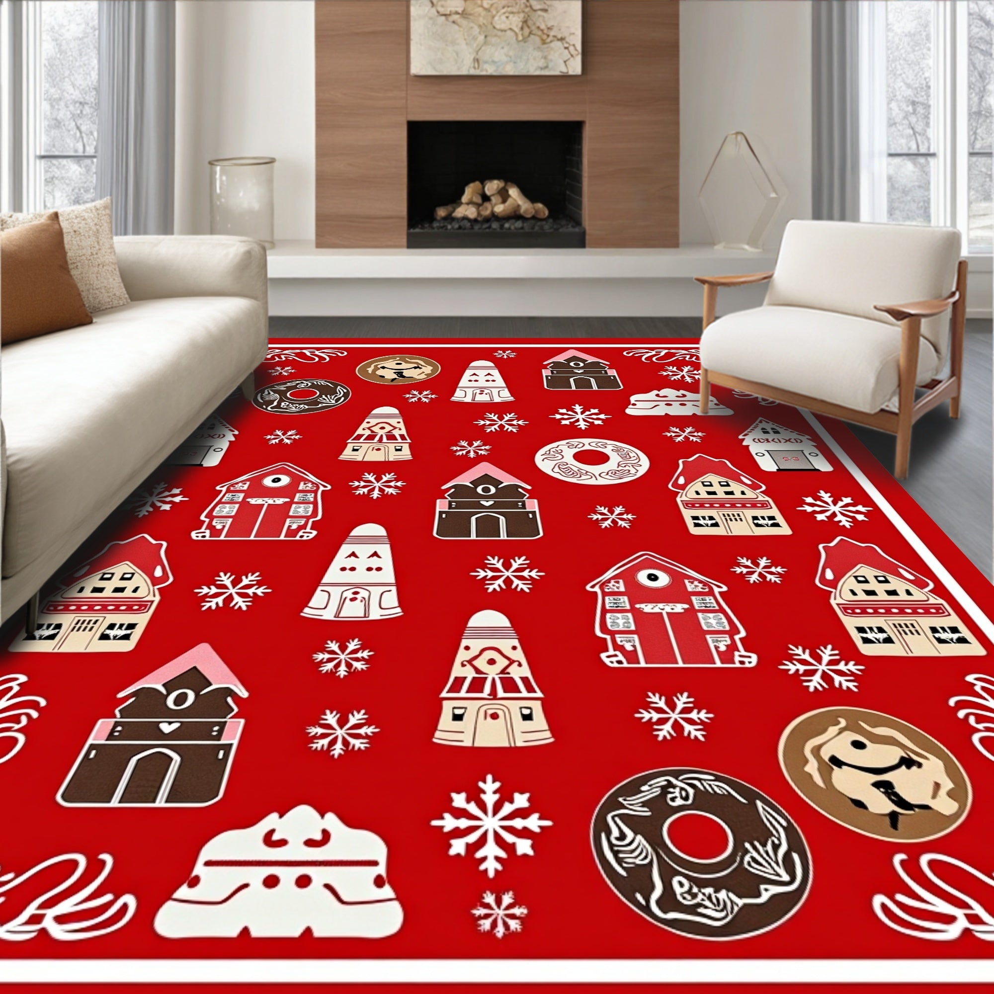 Red Gingerbread Town Snowflakes Rug