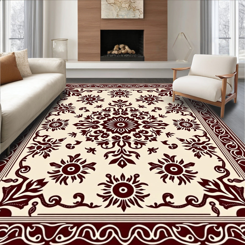 Rich Crimson Floral Sunburst Medallion Rug