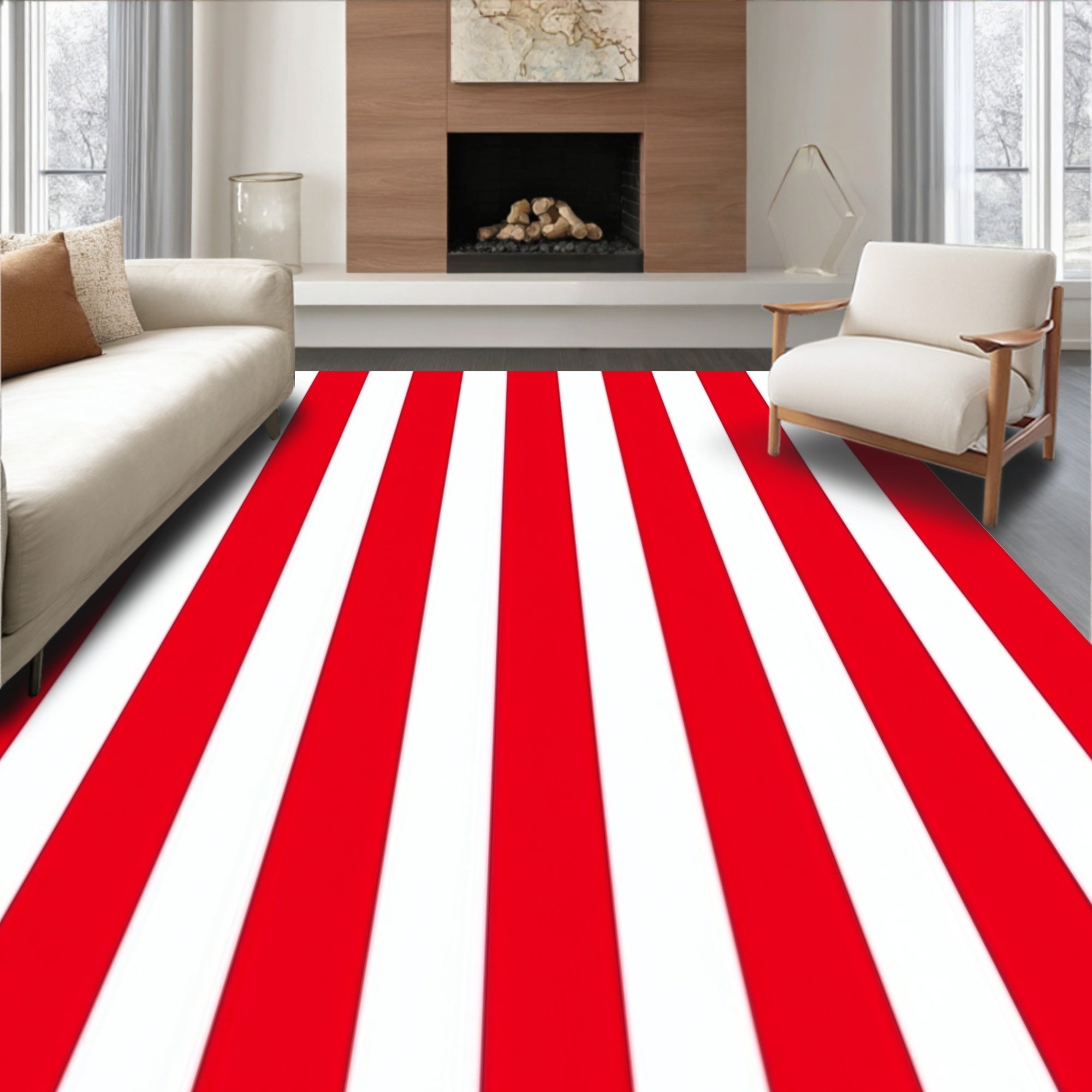 Bold Red White Vertical Stripes Rug