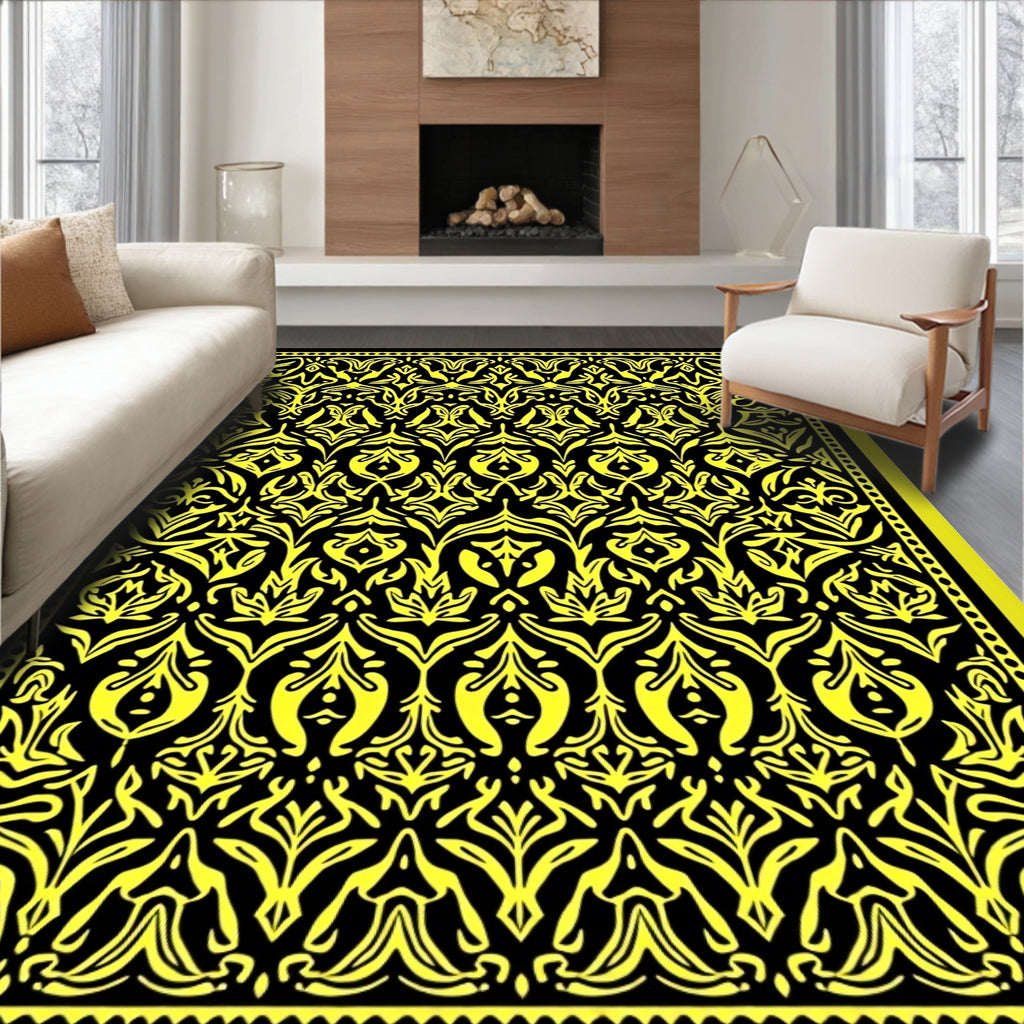 Vibrant Yellow Black Floral Scroll Rug