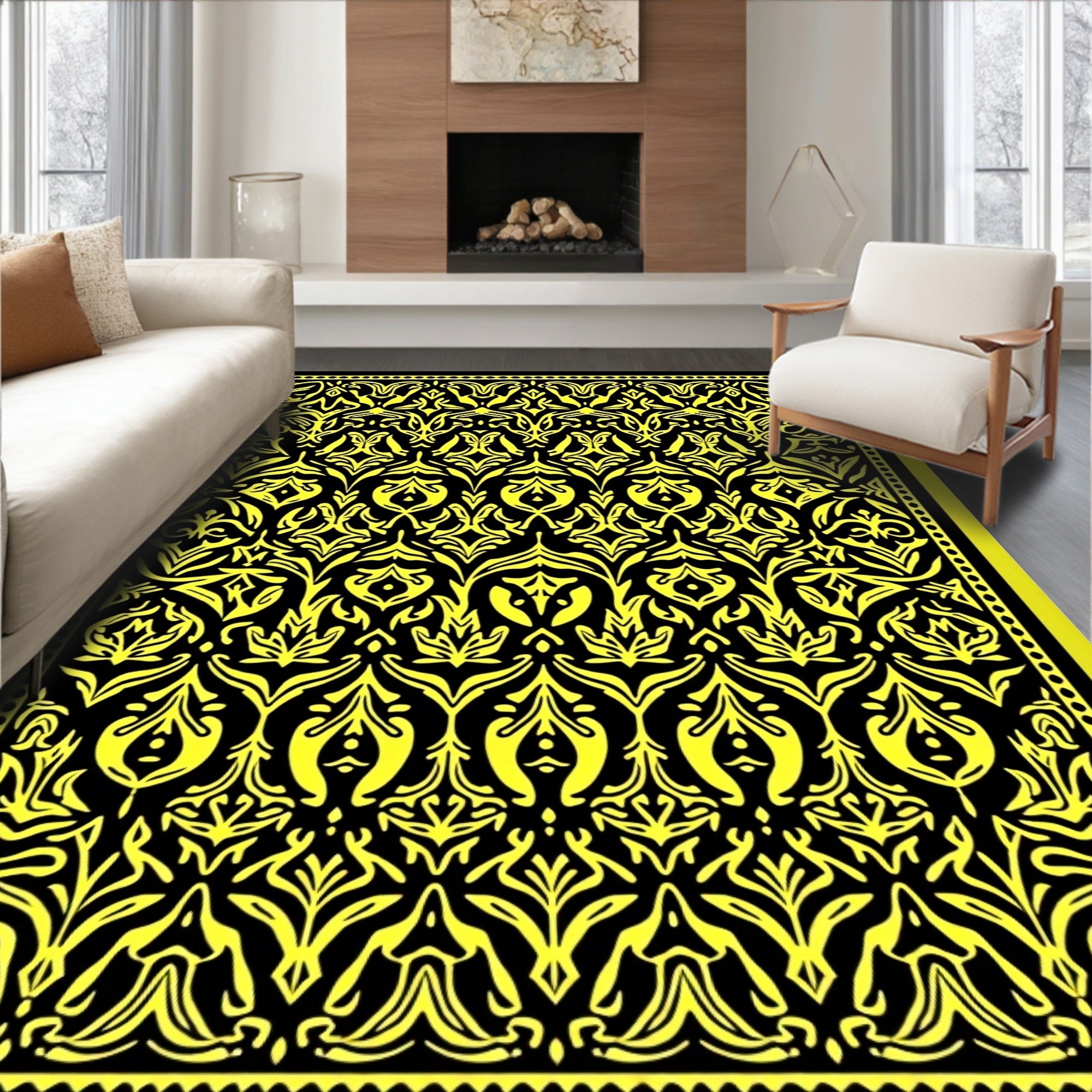 Vibrant Yellow Black Floral Scroll Rug