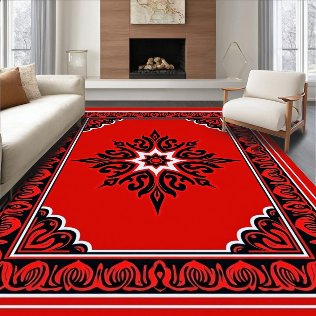 Bold Red Black Starburst Medallion Rug