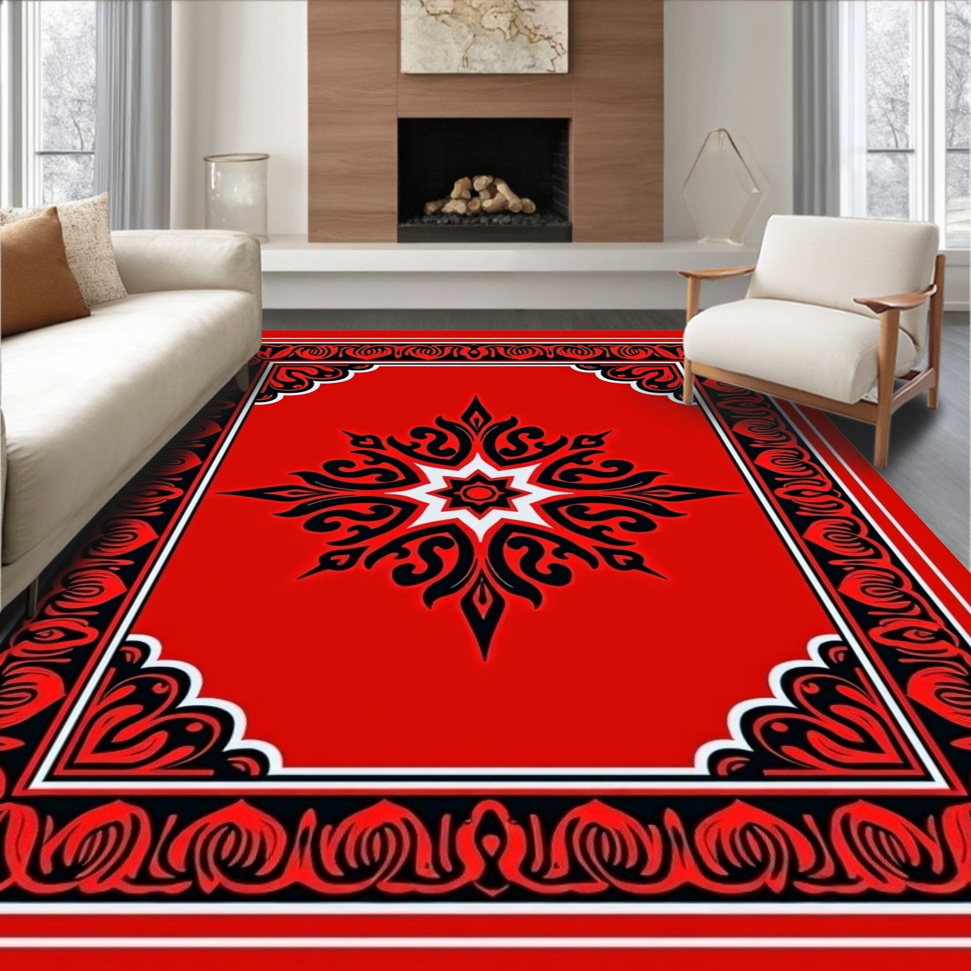 Bold Red Black Starburst Medallion Rug