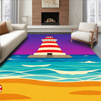 Red White Striped Lighthouse Ocean Artwork Rug