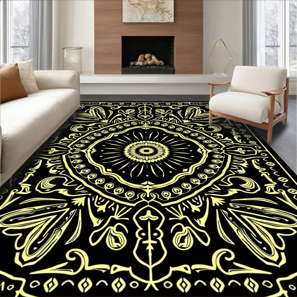Golden Black Floral Symmetry Rug