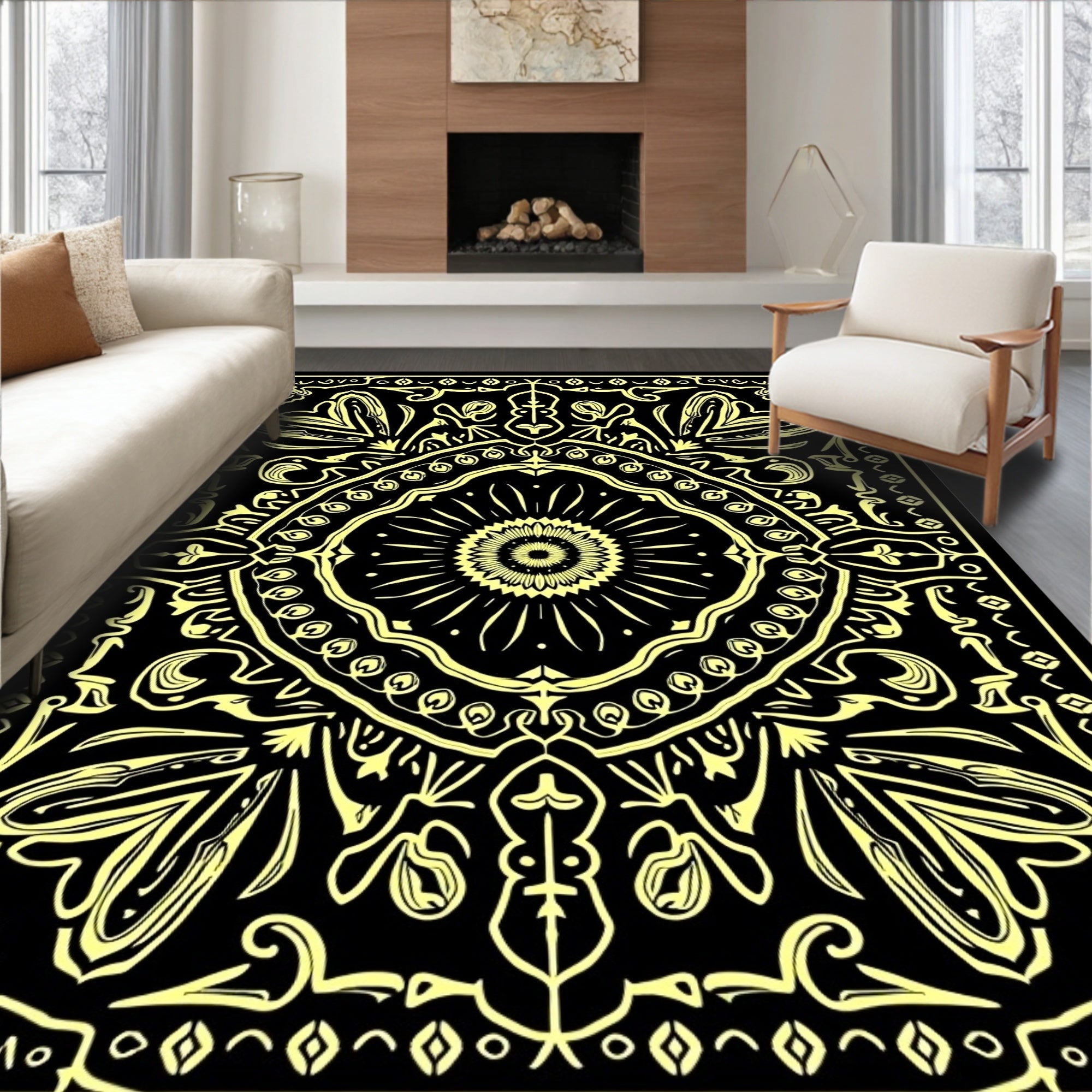 Golden Black Floral Symmetry Rug