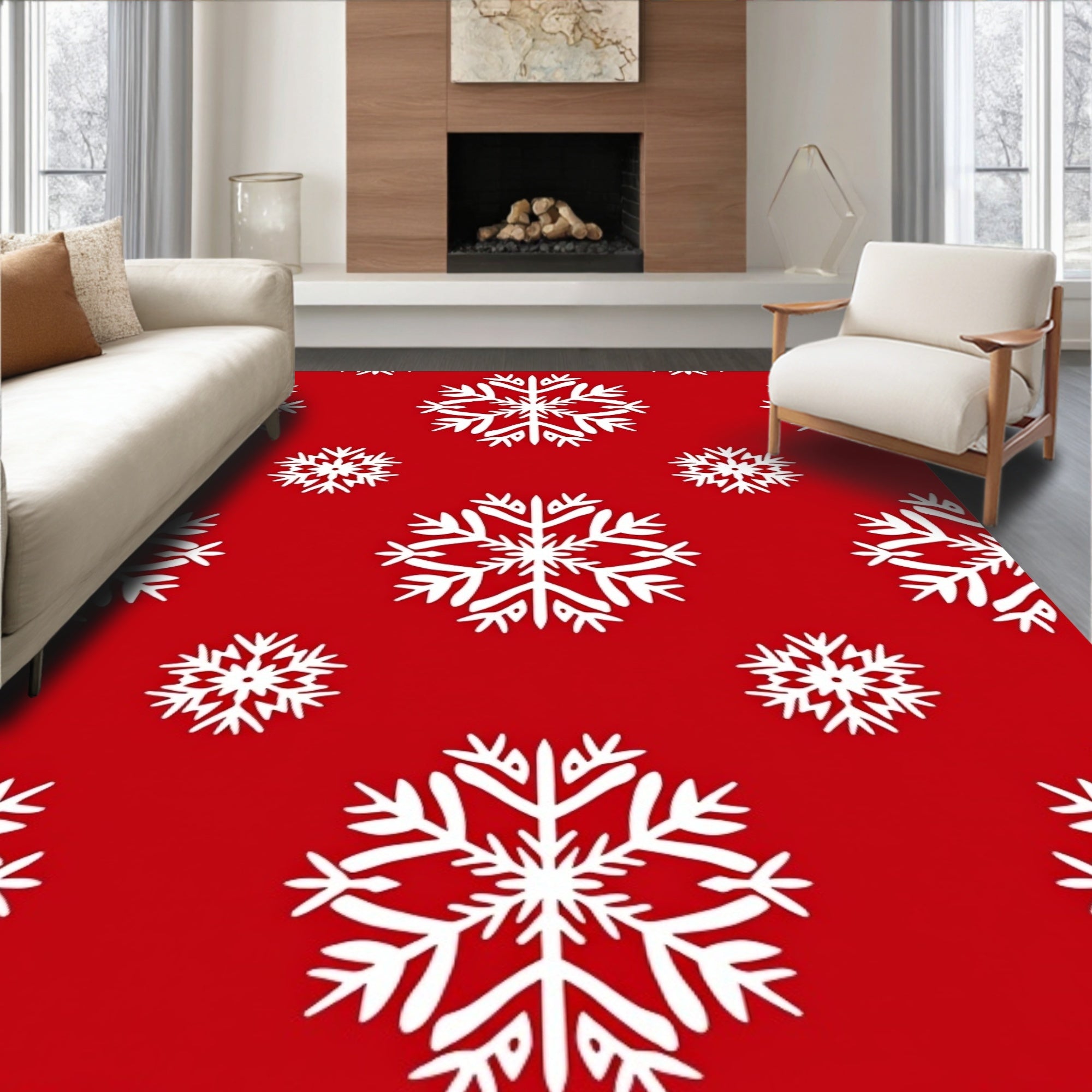 Red White Snowflake Collage Rug
