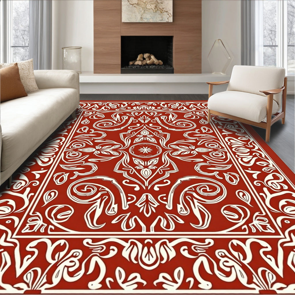 Rust Cream Ornamental Scroll Medallion Rug