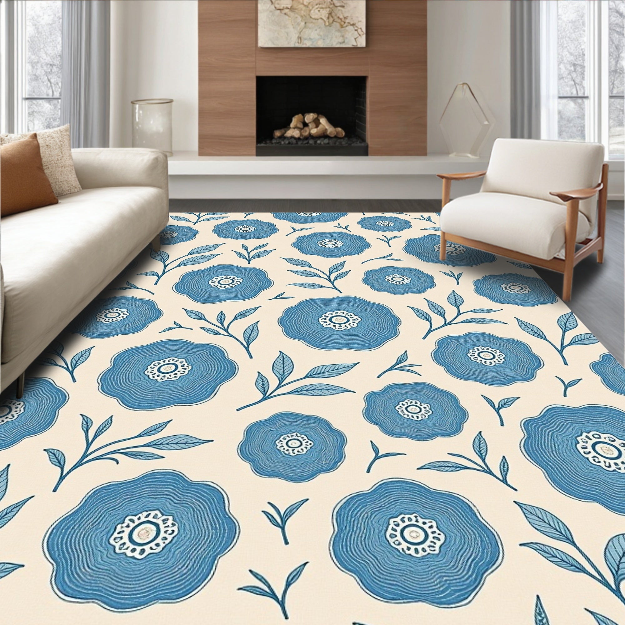 Blue Floral Branches Cream Background Rug