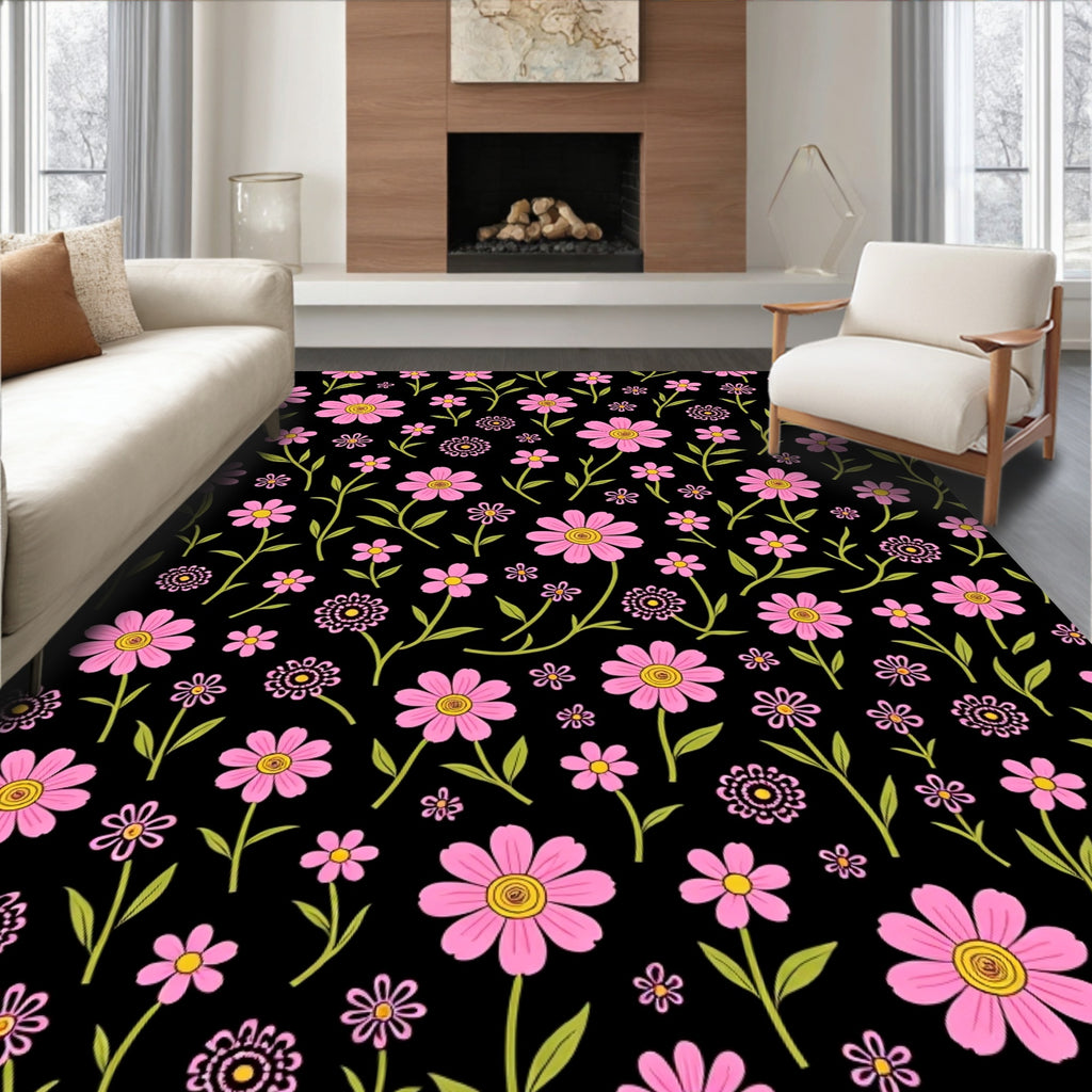 Pink Daisy Meadow Floral Black Rug