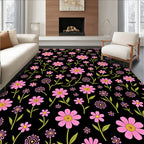 Pink Daisy Meadow Floral Black Rug