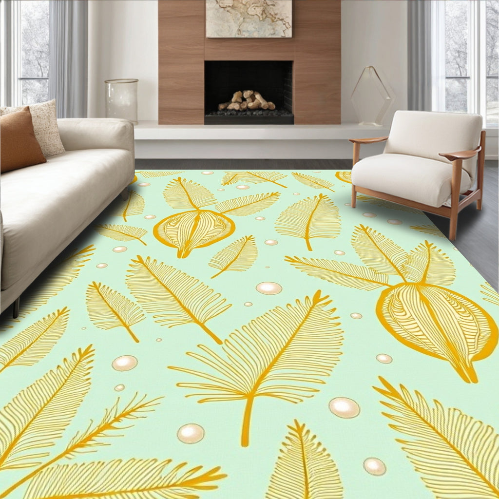 Golden Feathers and Pearls on Aqua Rug