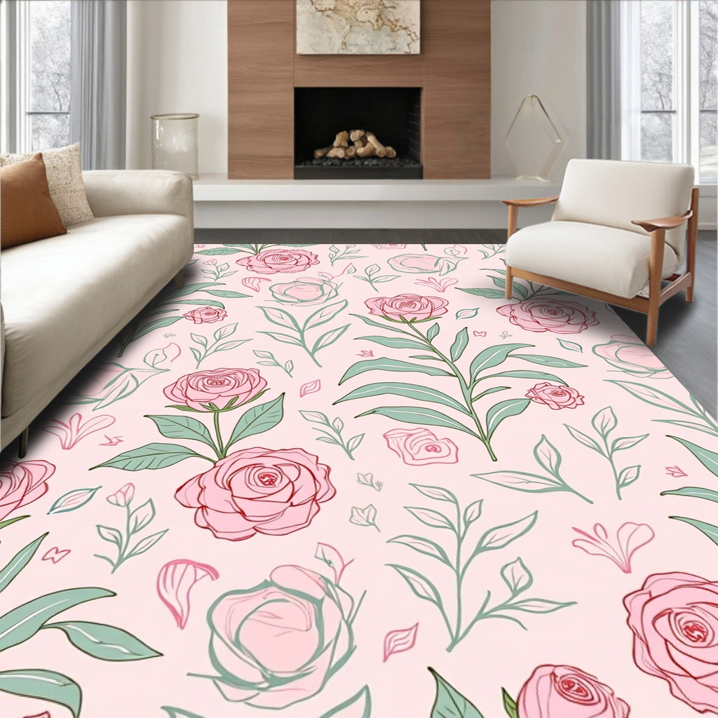 Delicate Pink Rose Floral Botanical Rug