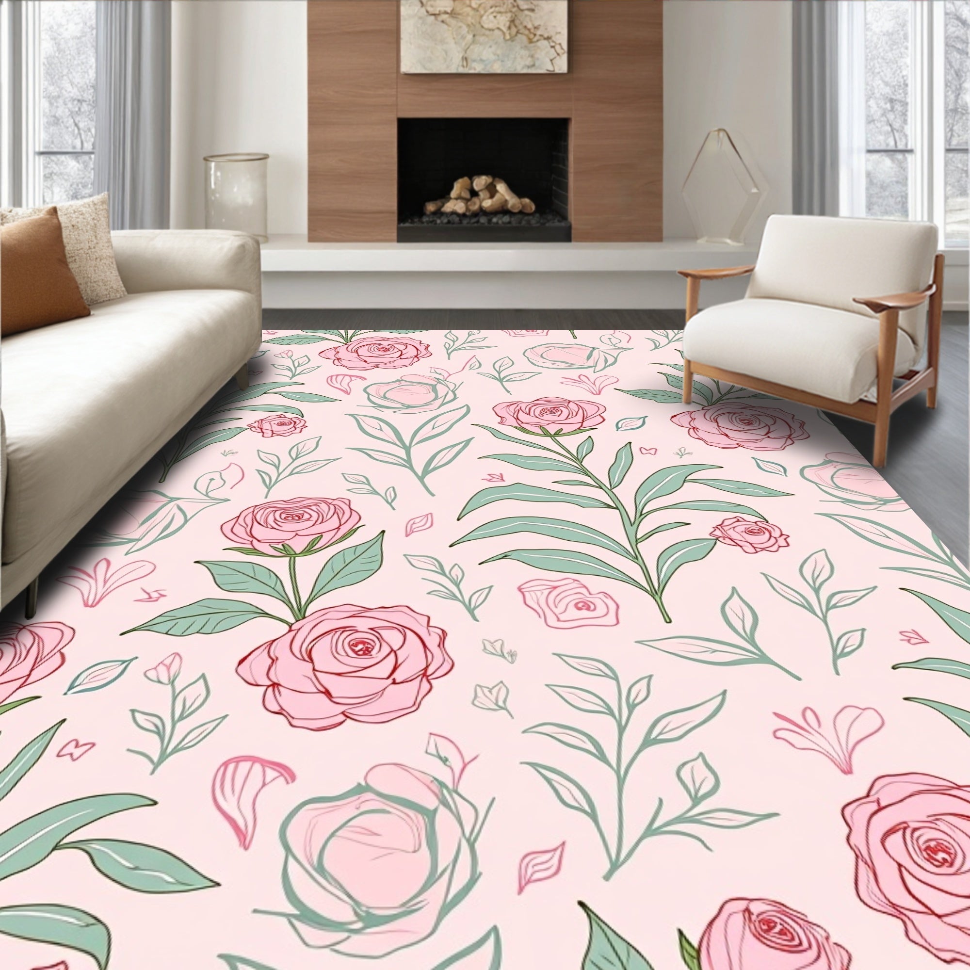 Delicate Pink Rose Floral Botanical Rug