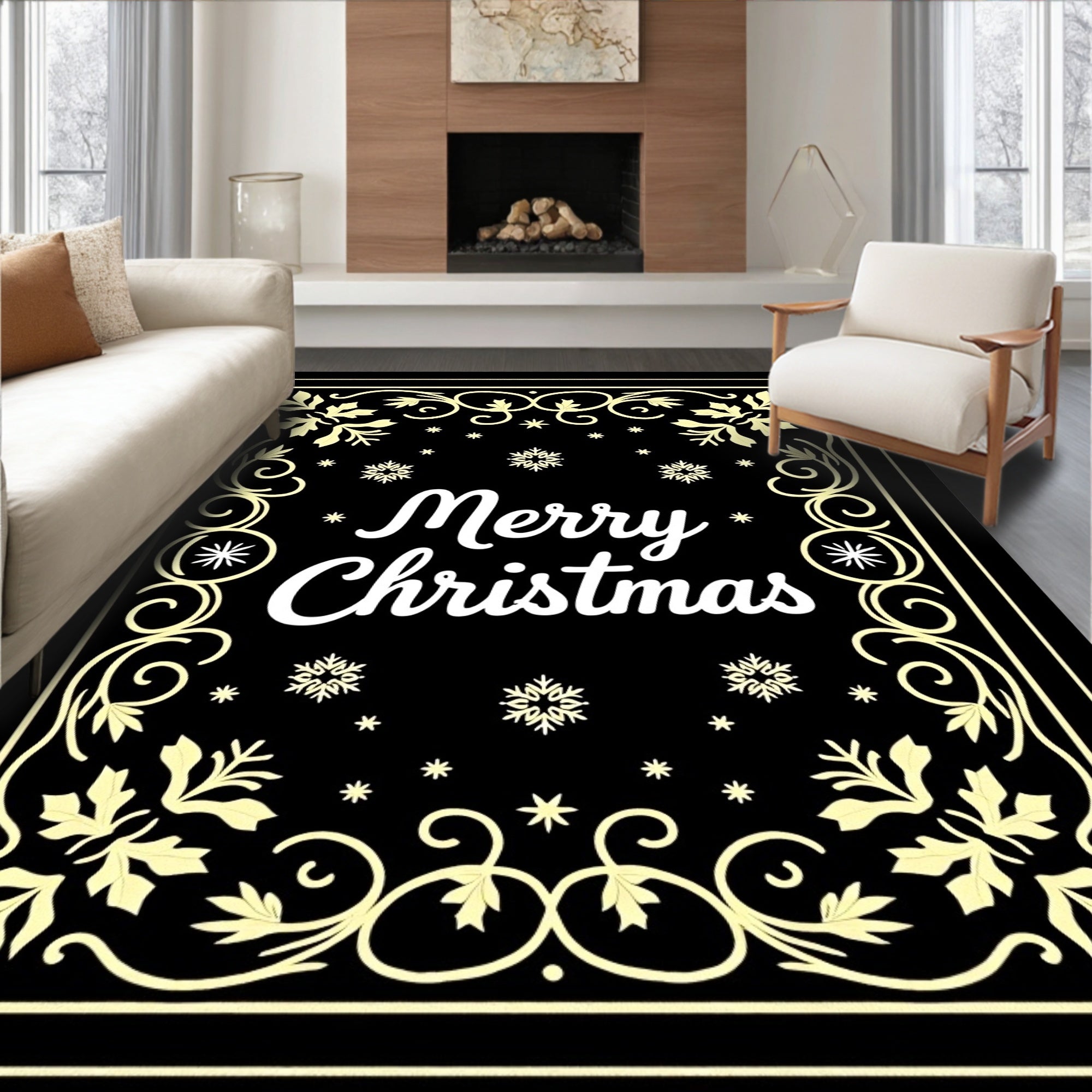 Black Golden Snowflakes Festive Border Rug