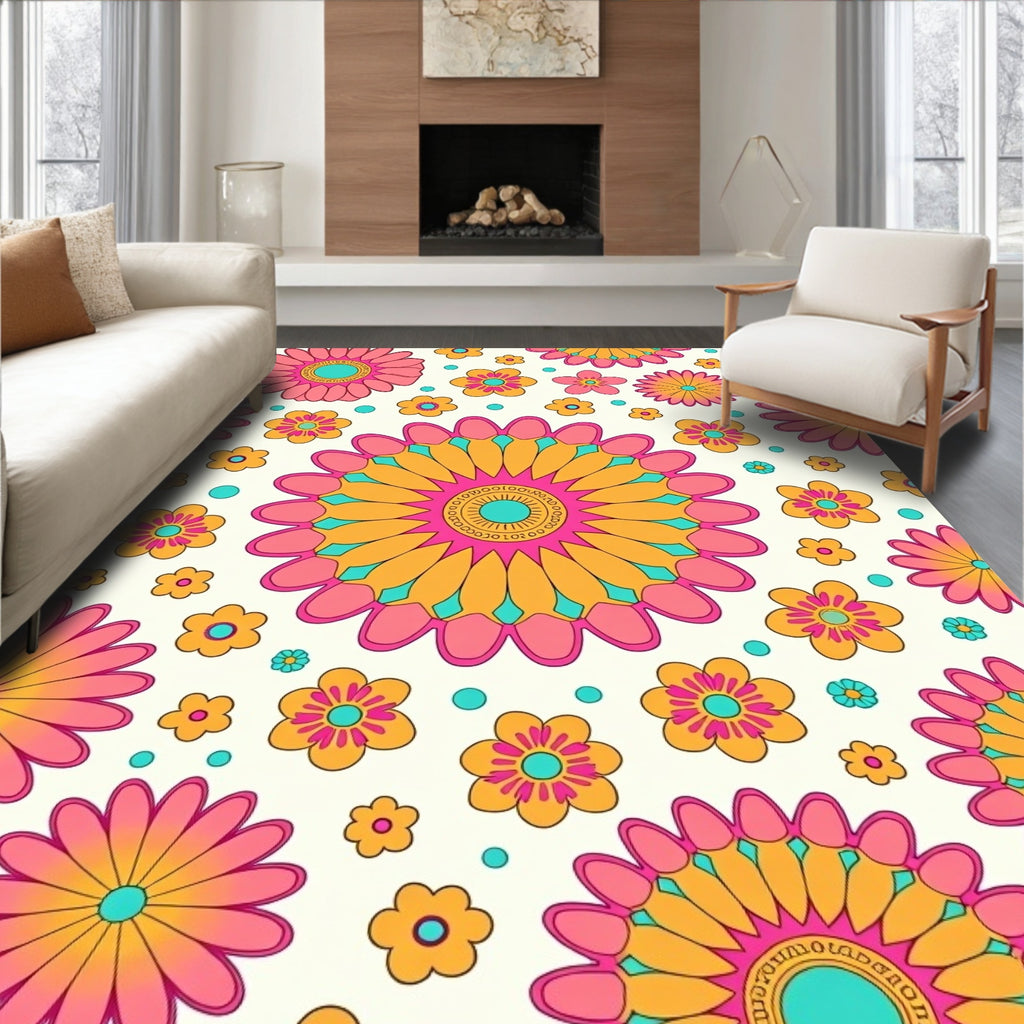 Groovy Pink Orange Yellow Floral Explosion Rug