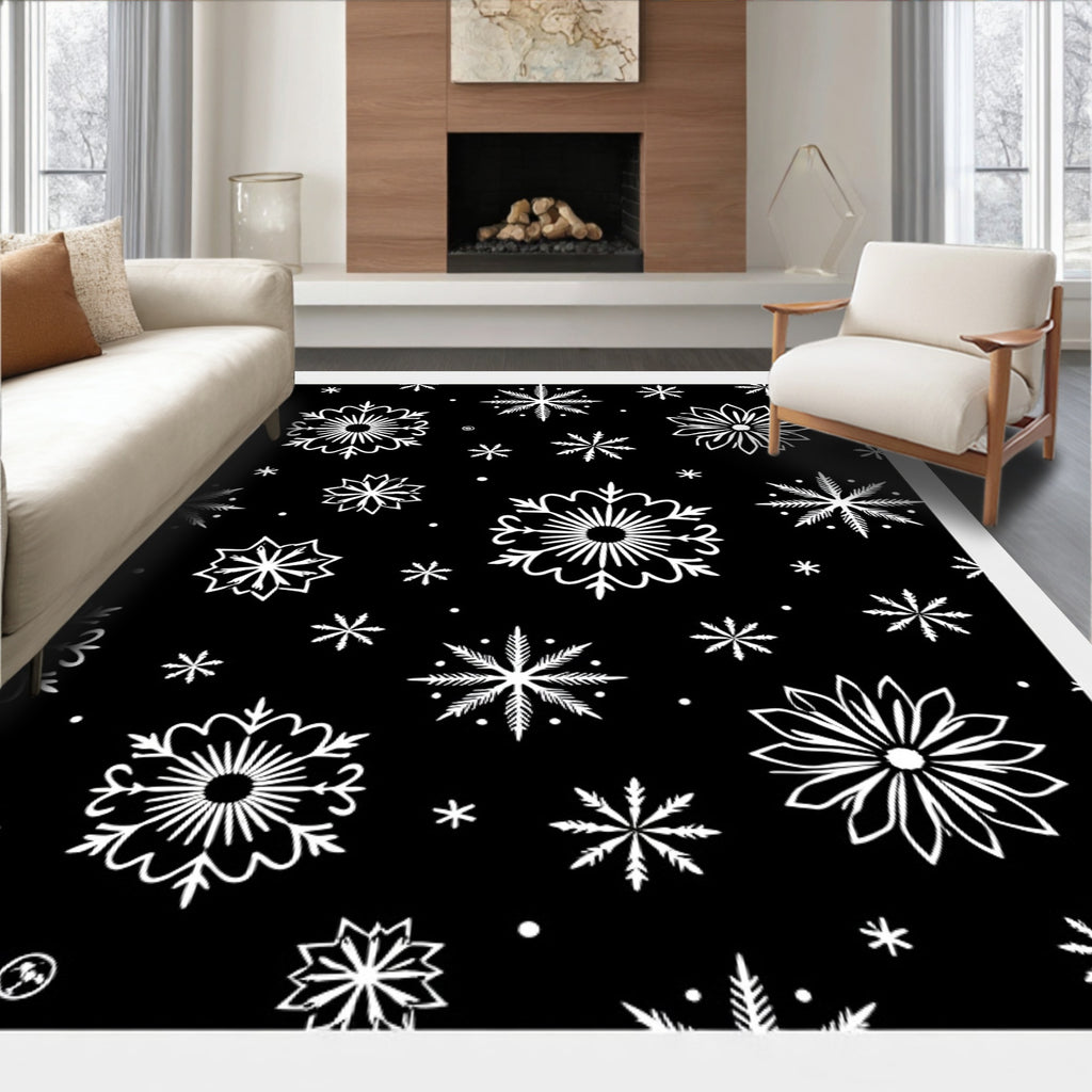 Black White Snowflake Winter Collage Rug