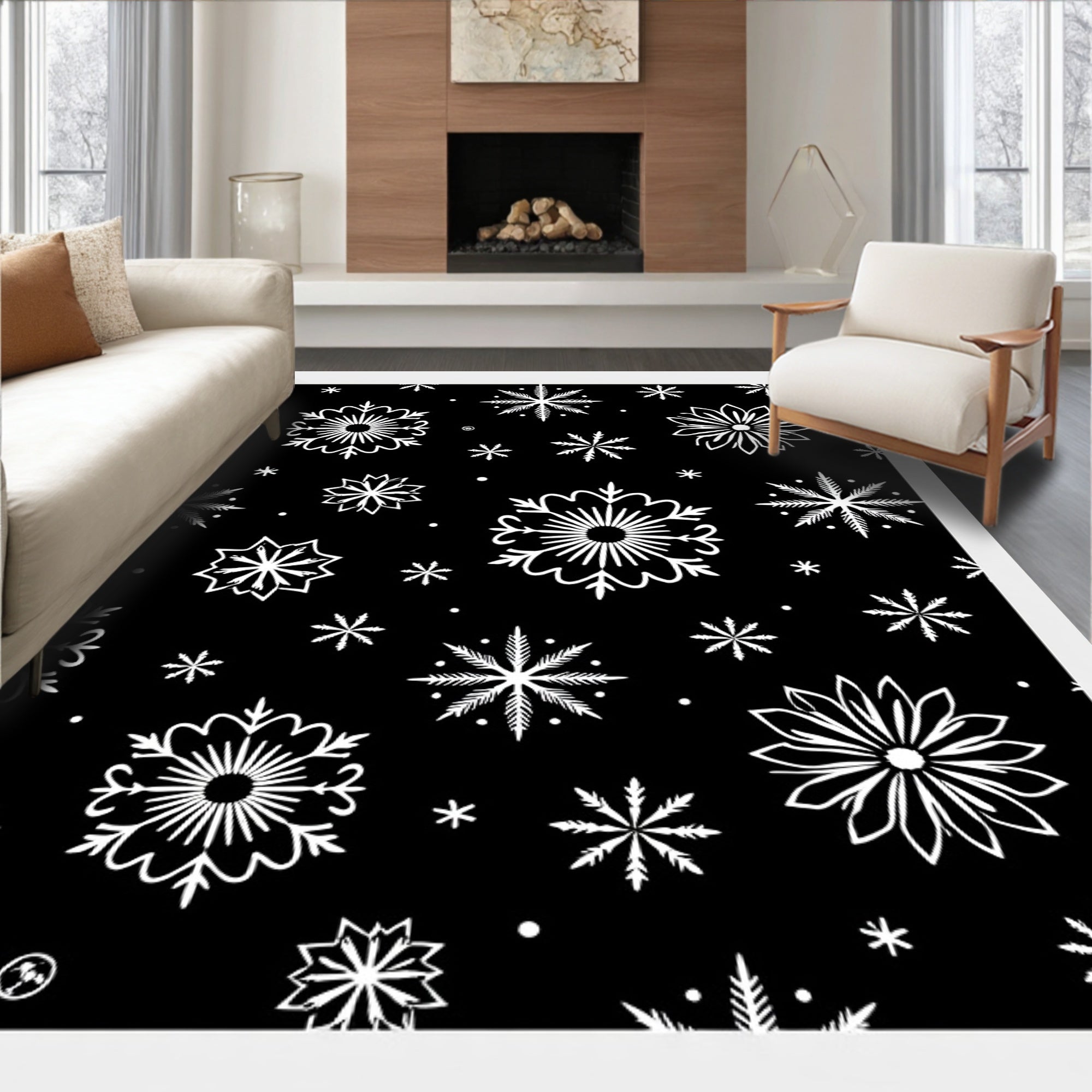 Black White Snowflake Winter Collage Rug