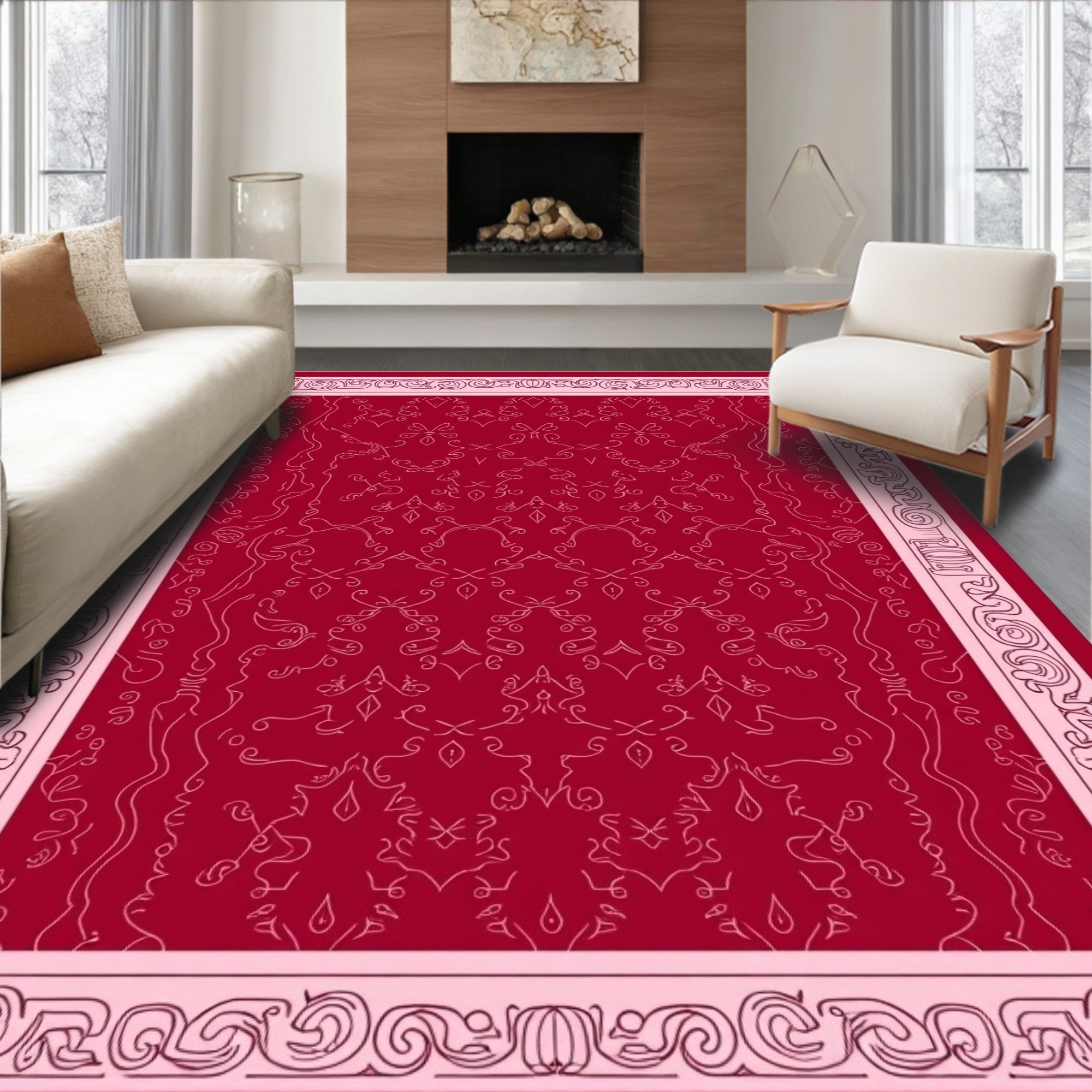 Regal Red Floral Scroll Border Rug