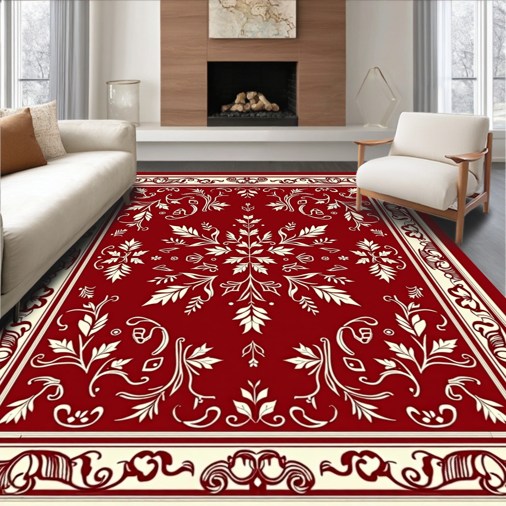 Crimson Ivory Floral Medallion Framed Rug