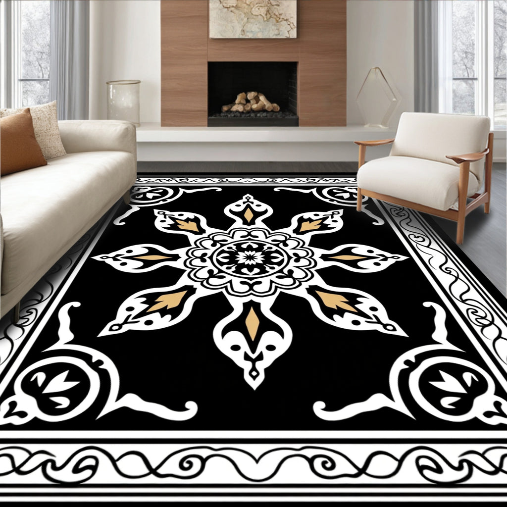 Black White Gold Floral Medallion Rug