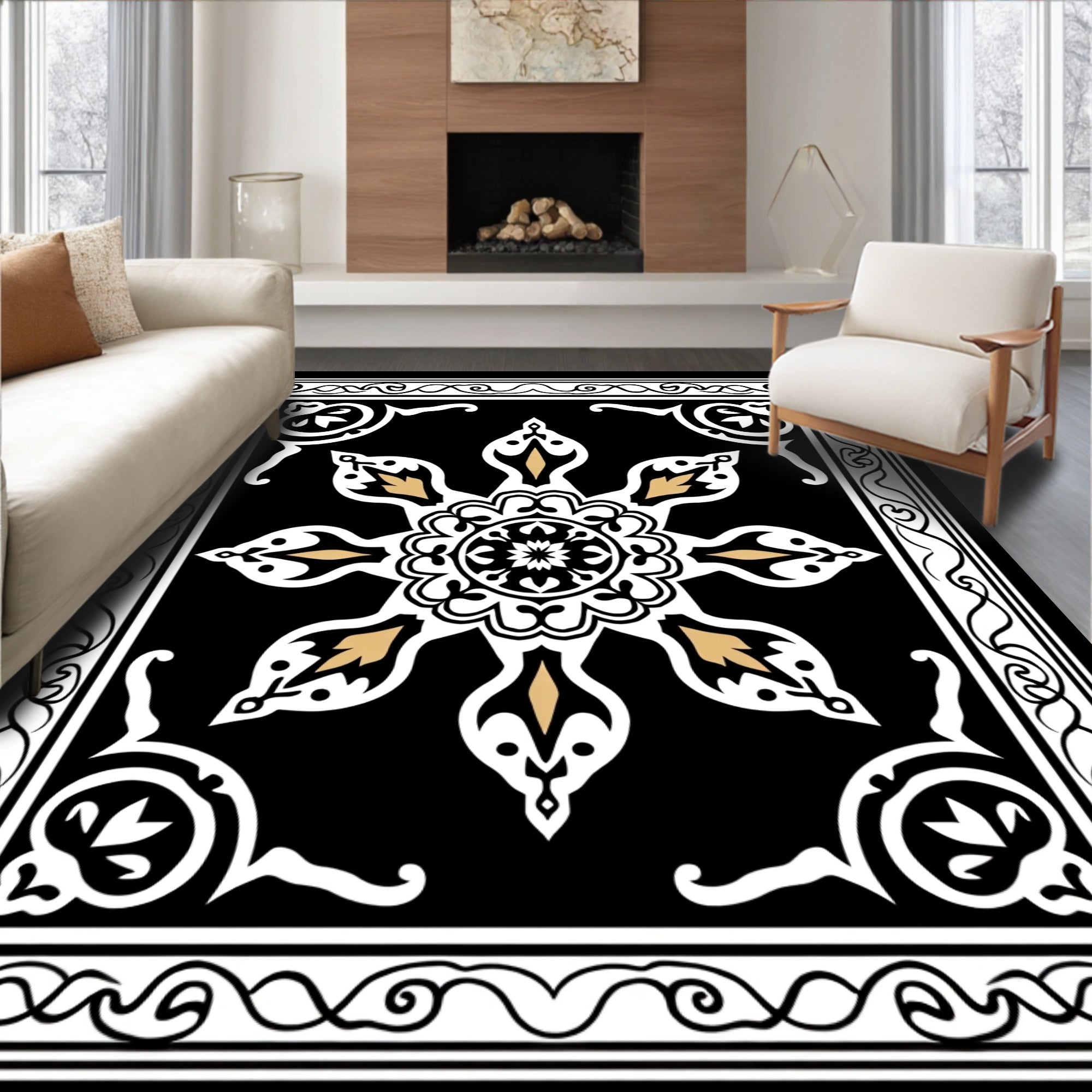 Black White Gold Floral Medallion Rug