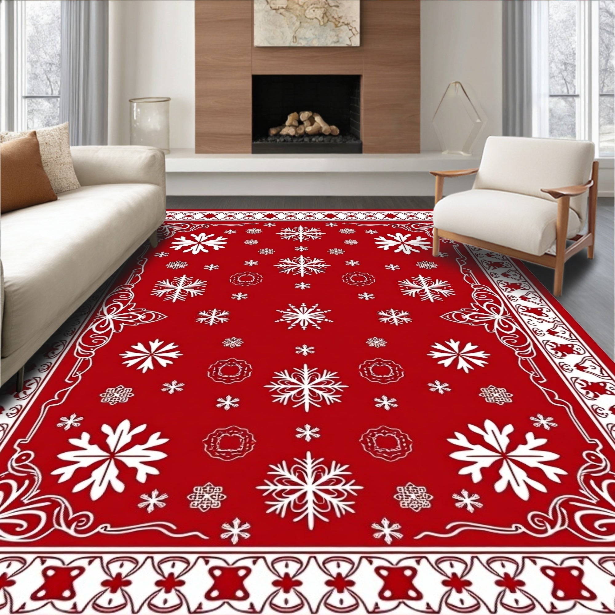Red White Snowflake Festive Border Rug