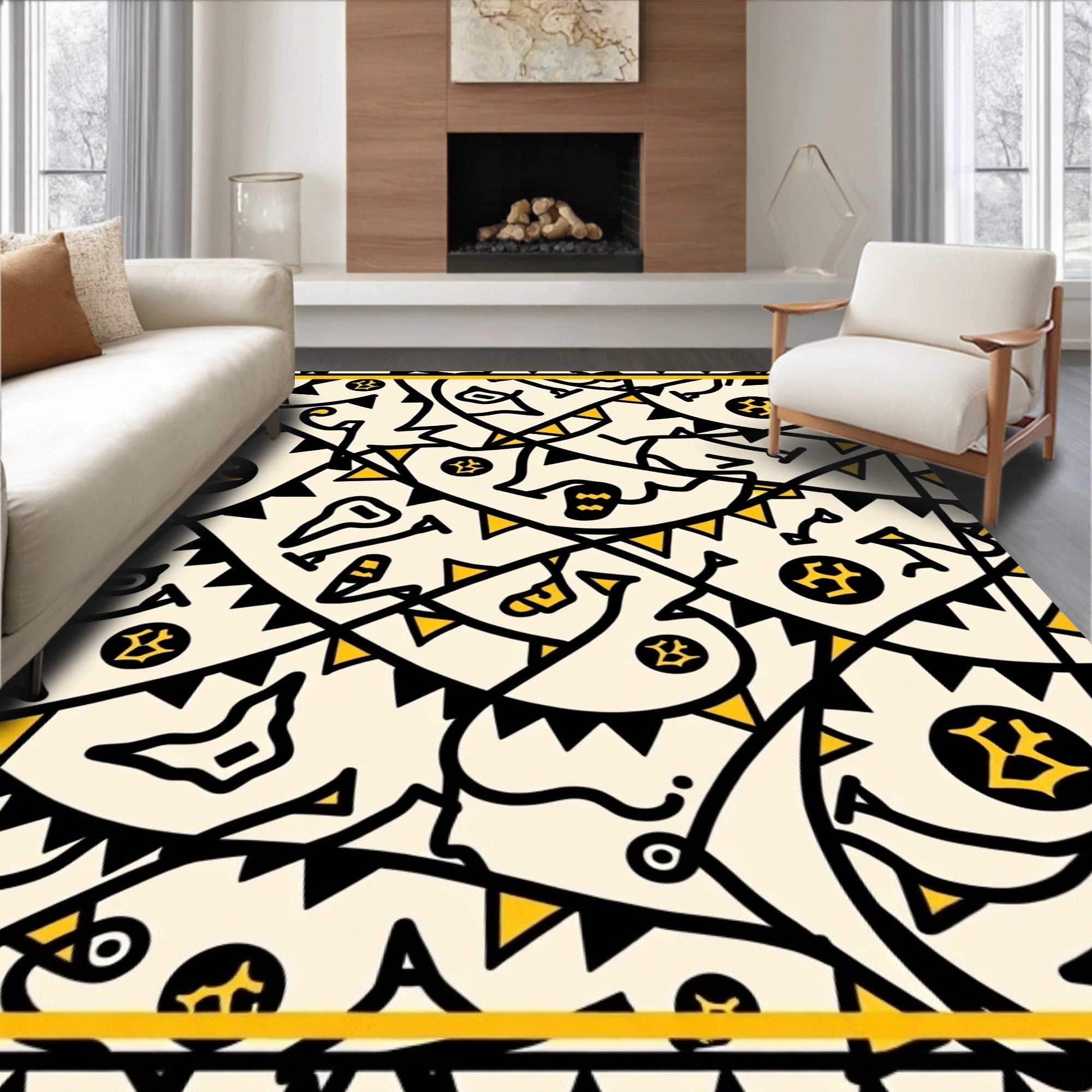 Yellow Black Bunting Whimsical Icons Rug