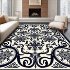 Dark Blue and Cream Scroll Medallion Rug