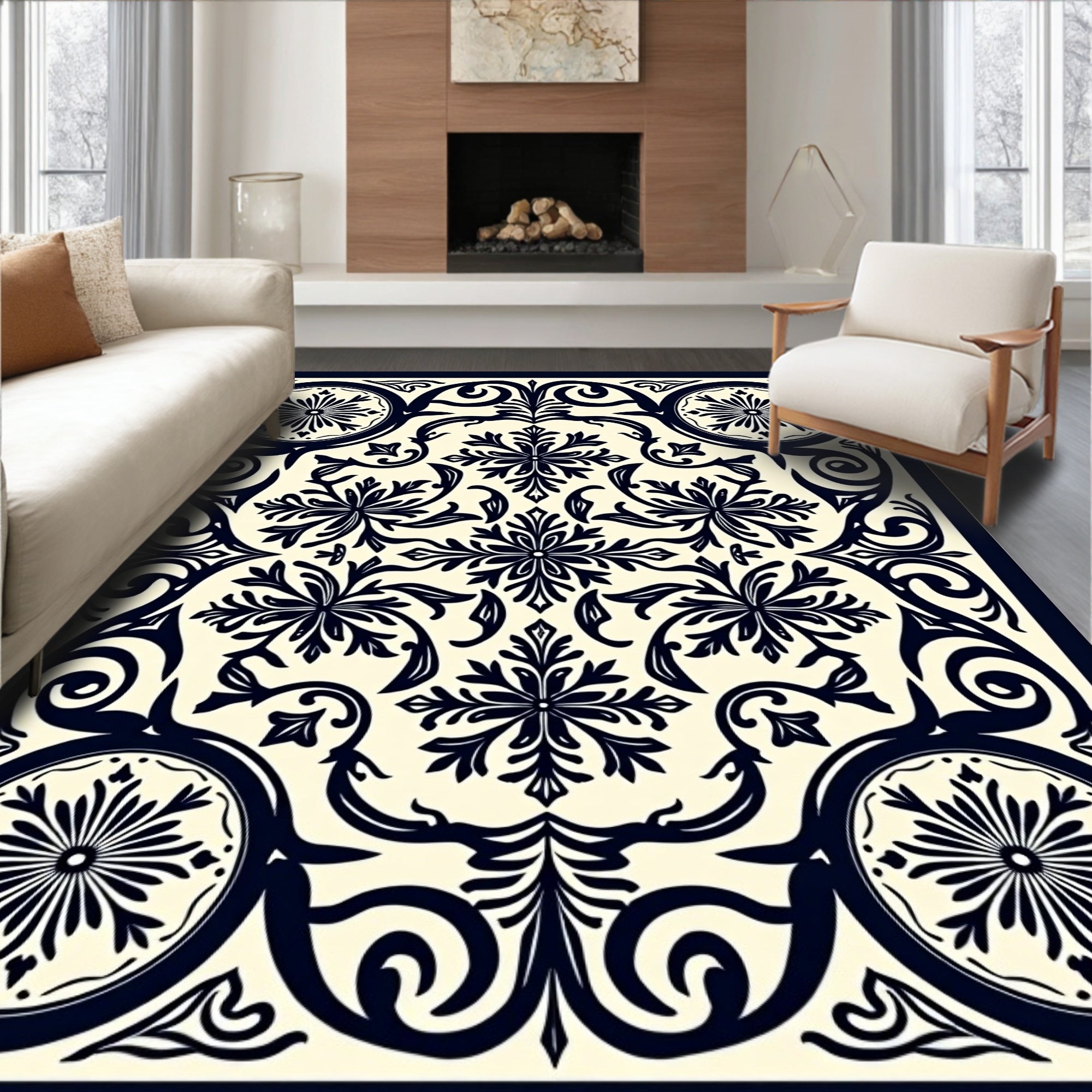 Dark Blue and Cream Scroll Medallion Rug