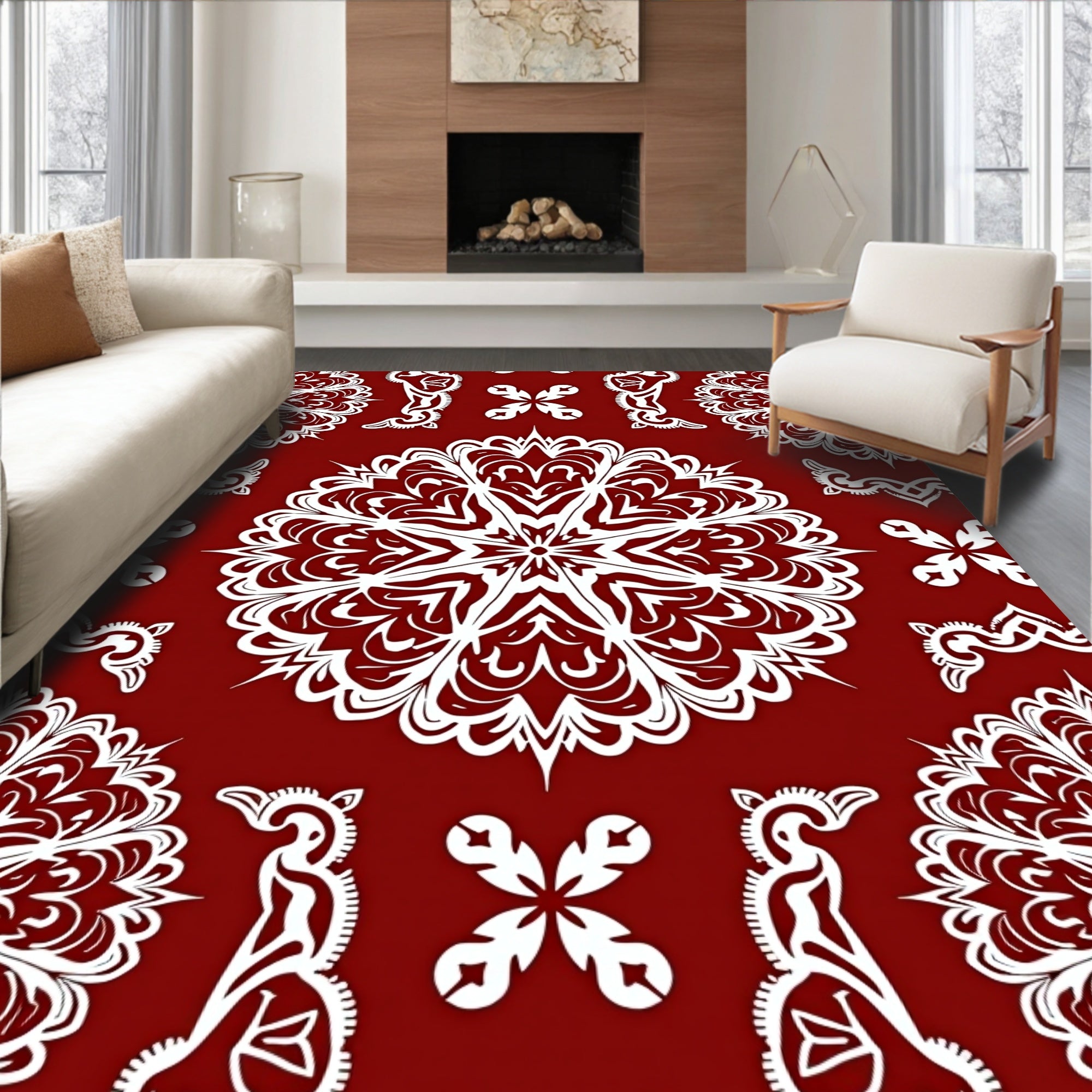 Crimson White Intricate Mandala Medallion Rug