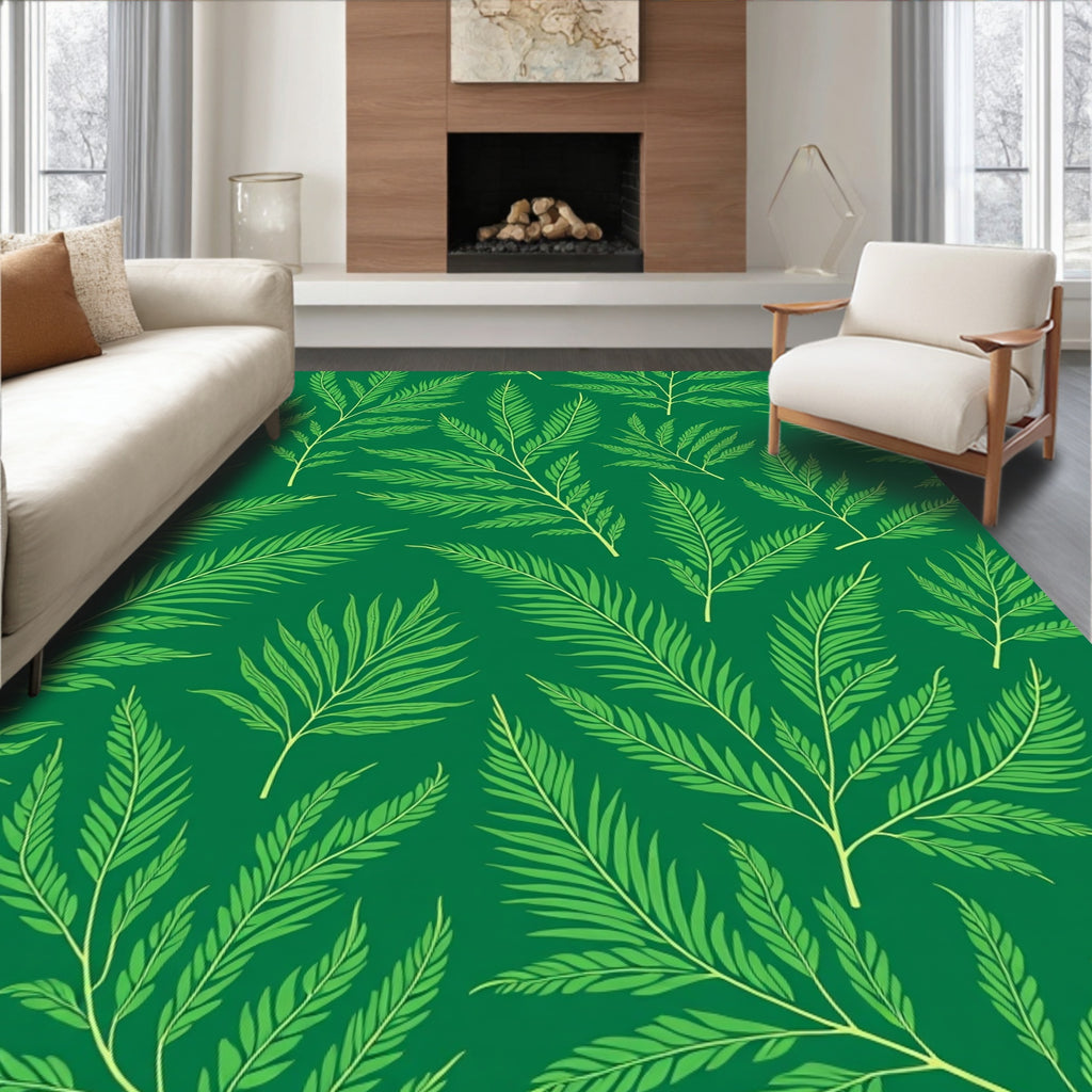 Lush Green Botanical Fern Branches Rug