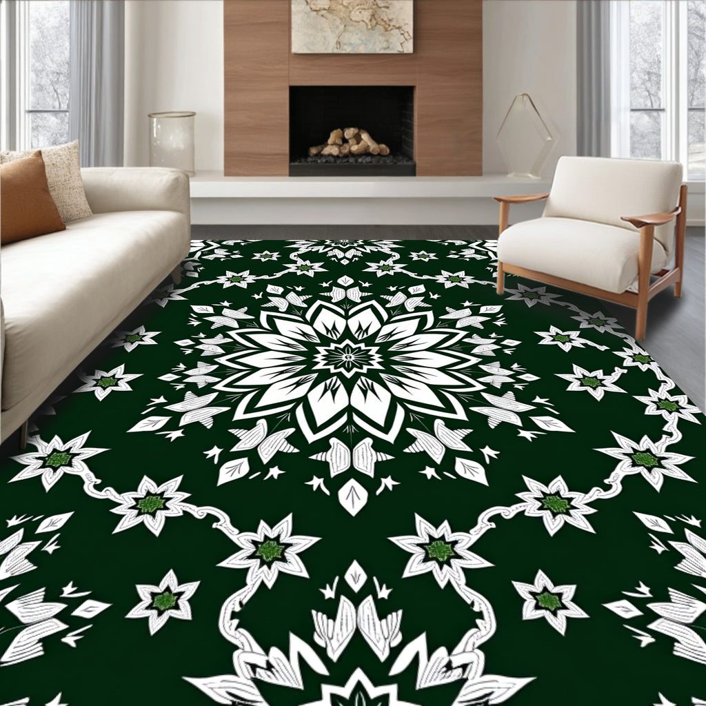 Deep Emerald Green Floral Mandala Rug