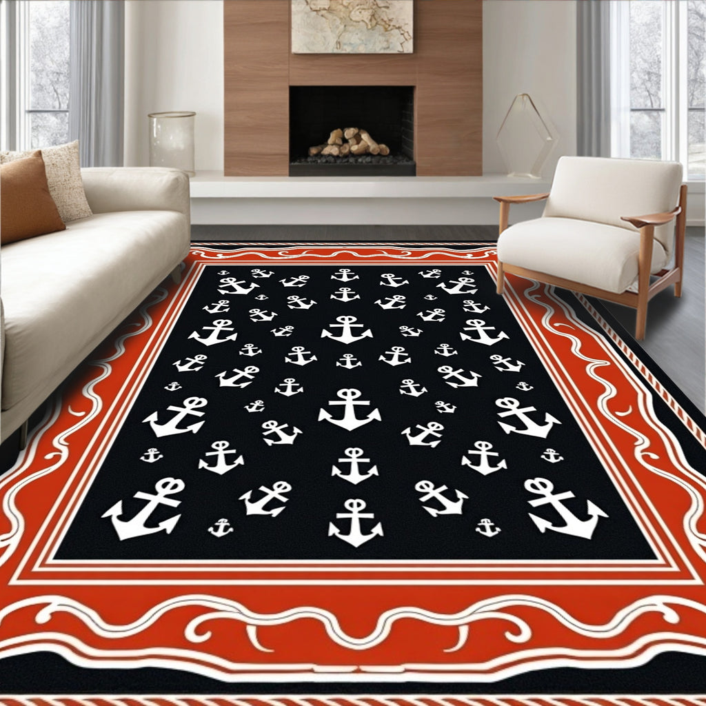 Nautical Anchor Navy Orange Border Rug
