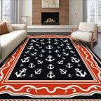 Nautical Anchor Navy Orange Border Rug
