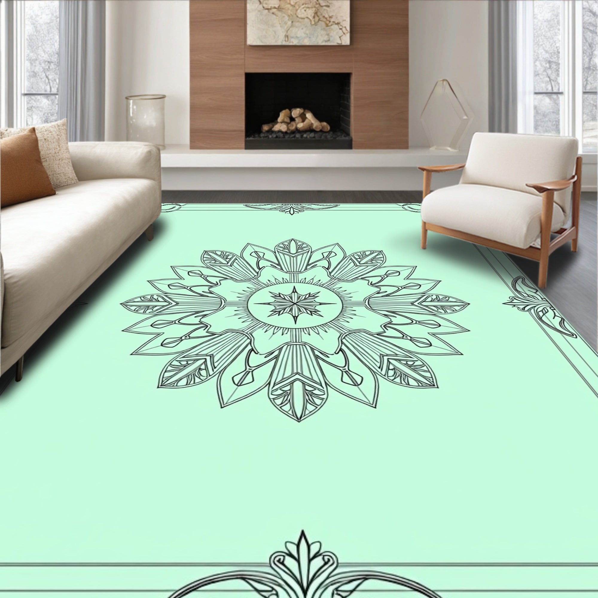Ornate Mint Green Starburst Medallion Rug