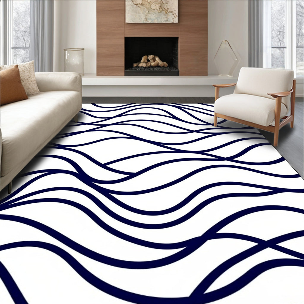 Navy Blue Abstract Wave Flow Rug