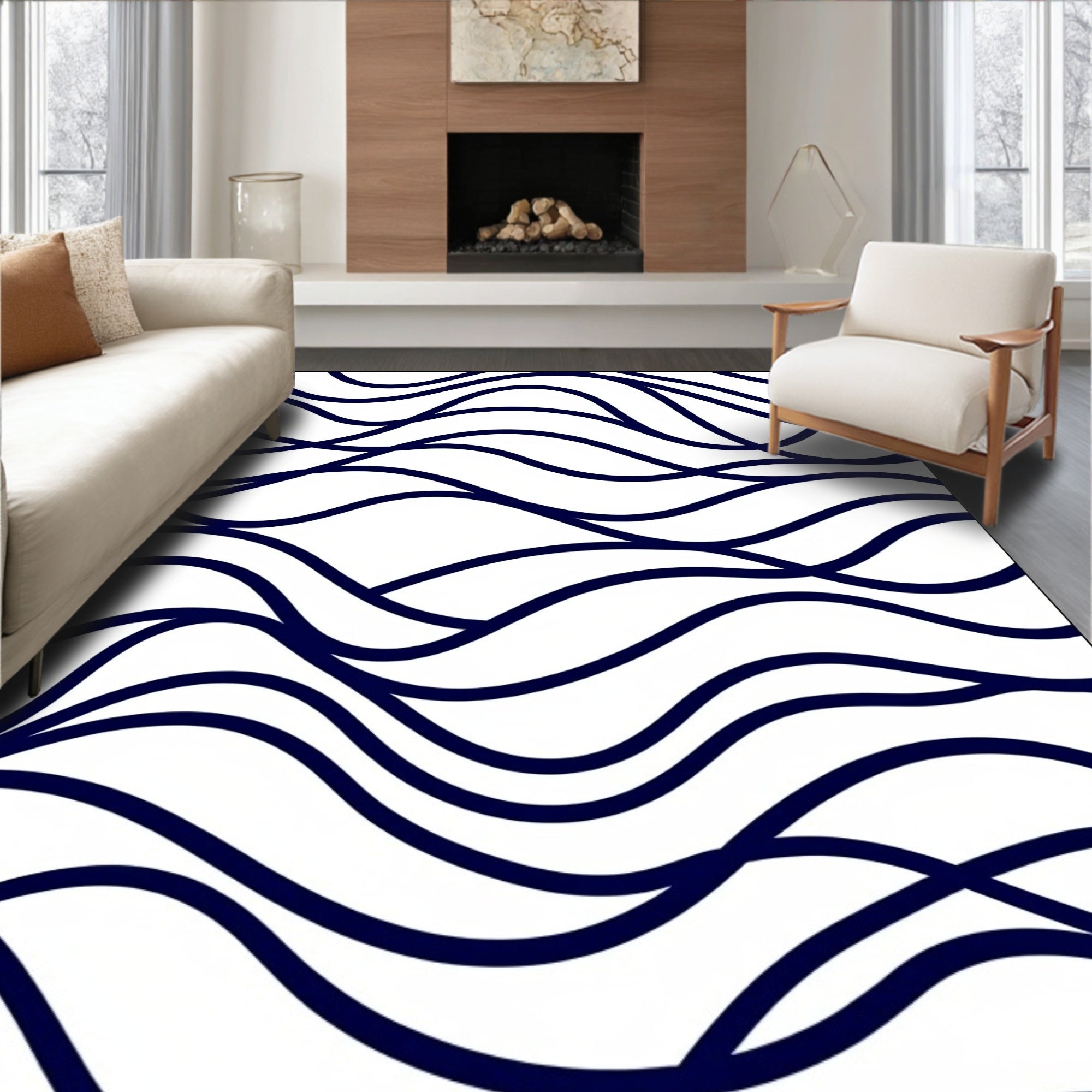 Navy Blue Abstract Wave Flow Rug