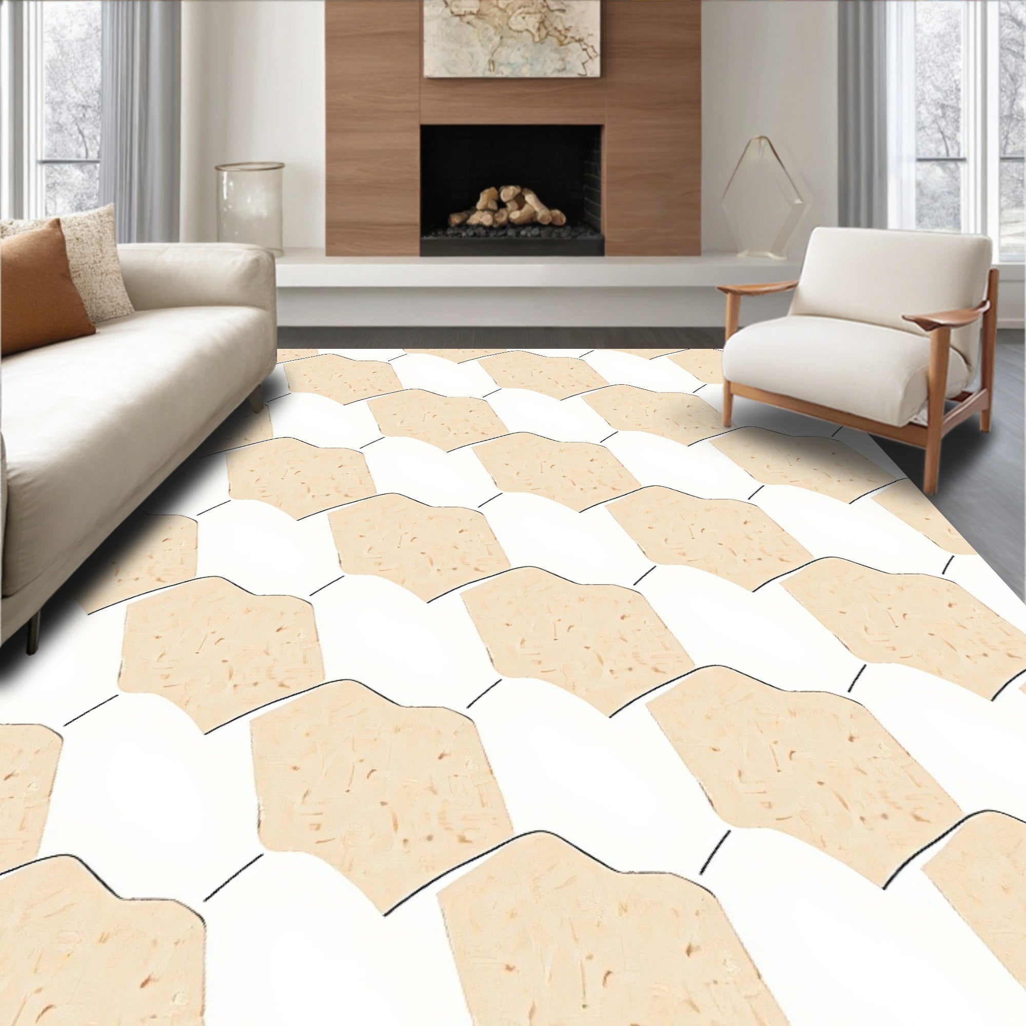Cream and White Interlocking Scale Rug