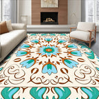 Cream Teal Coral Floral Medallion Rug